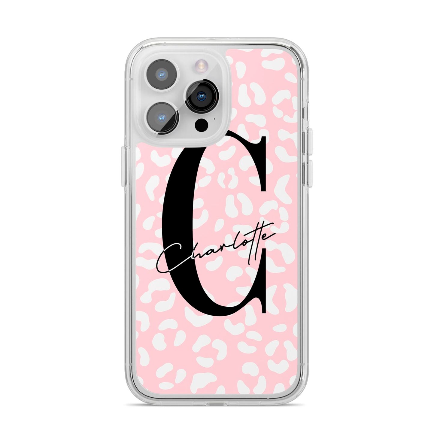 Personalised Leopard Pink White iPhone 14 Pro Max Clear Tough Case Silver