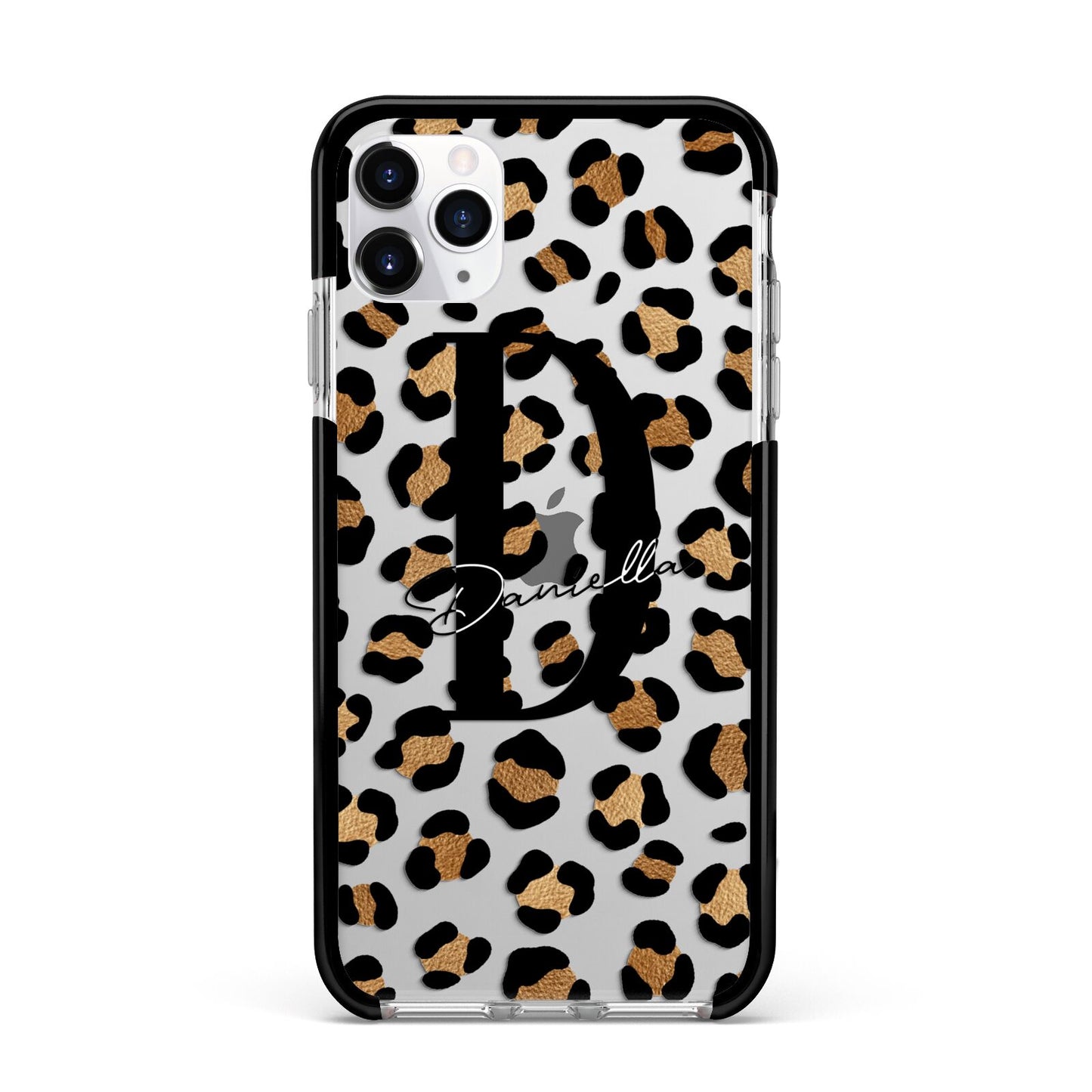 Personalised Leopard Print Apple iPhone 11 Pro Max in Silver with Black Impact Case