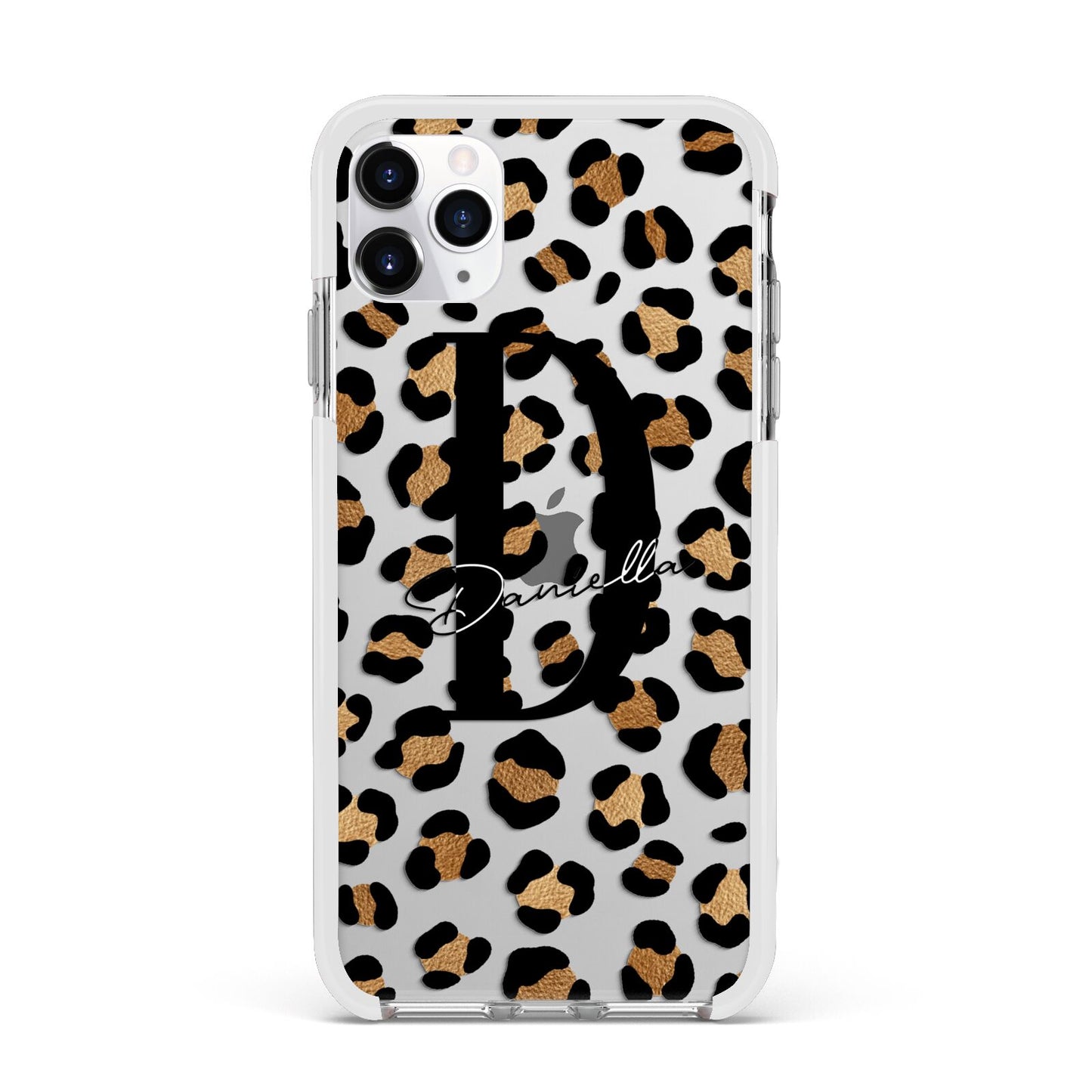 Personalised Leopard Print Apple iPhone 11 Pro Max in Silver with White Impact Case