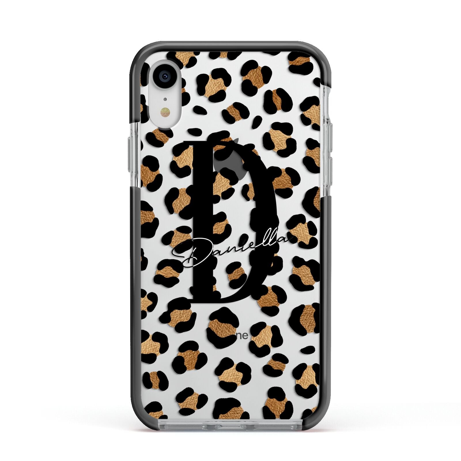 Personalised Leopard Print Apple iPhone XR Impact Case Black Edge on Silver Phone