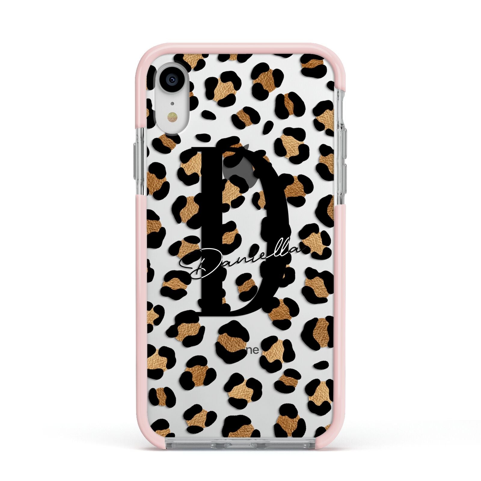 Personalised Leopard Print Apple iPhone XR Impact Case Pink Edge on Silver Phone