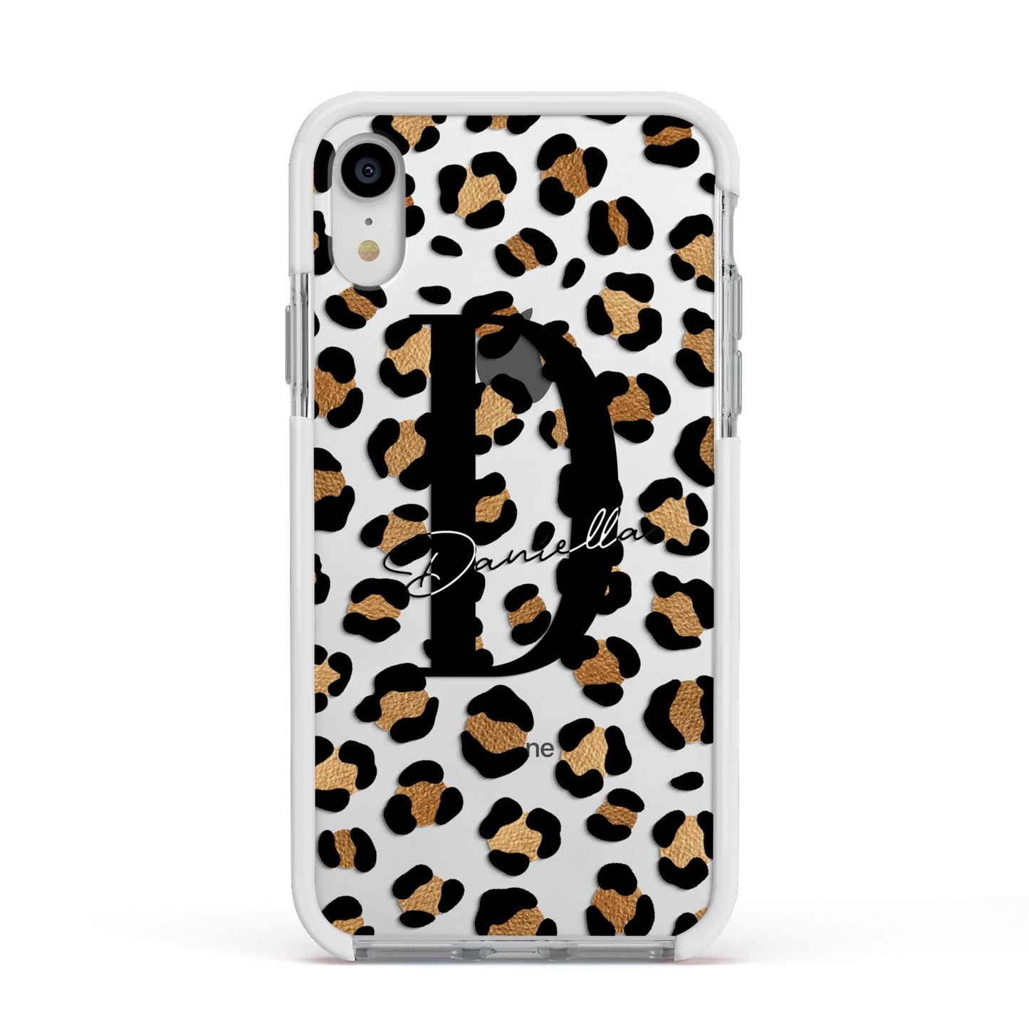 Personalised Leopard Print Apple iPhone XR Impact Case White Edge on Silver Phone