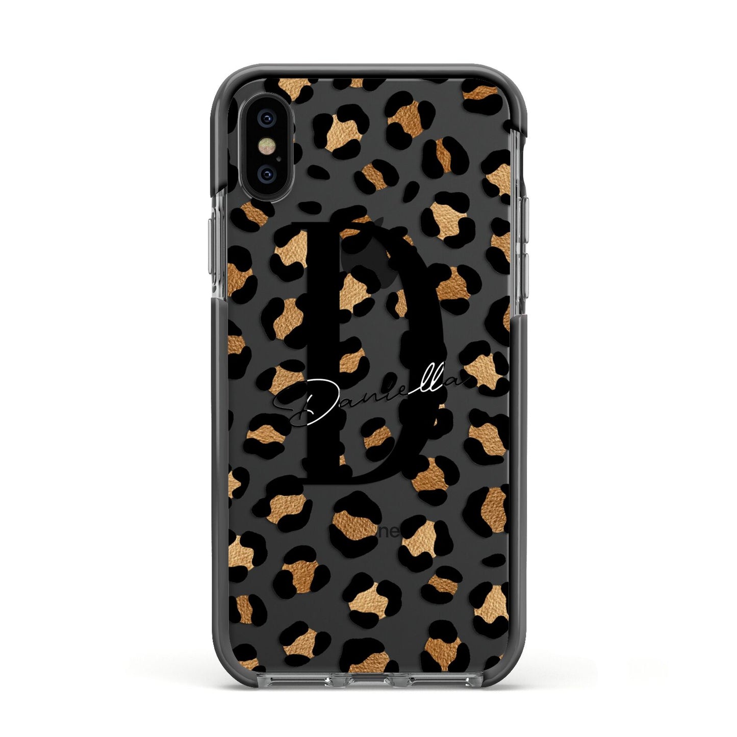 Personalised Leopard Print Apple iPhone Xs Impact Case Black Edge on Black Phone