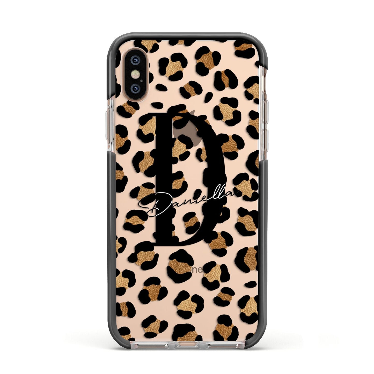 Personalised Leopard Print Apple iPhone Xs Impact Case Black Edge on Gold Phone