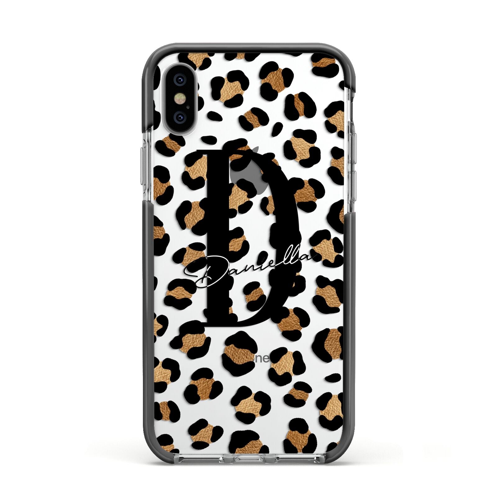 Personalised Leopard Print Apple iPhone Xs Impact Case Black Edge on Silver Phone