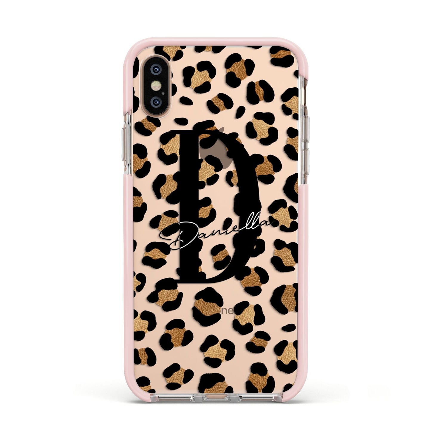 Personalised Leopard Print Apple iPhone Xs Impact Case Pink Edge on Gold Phone