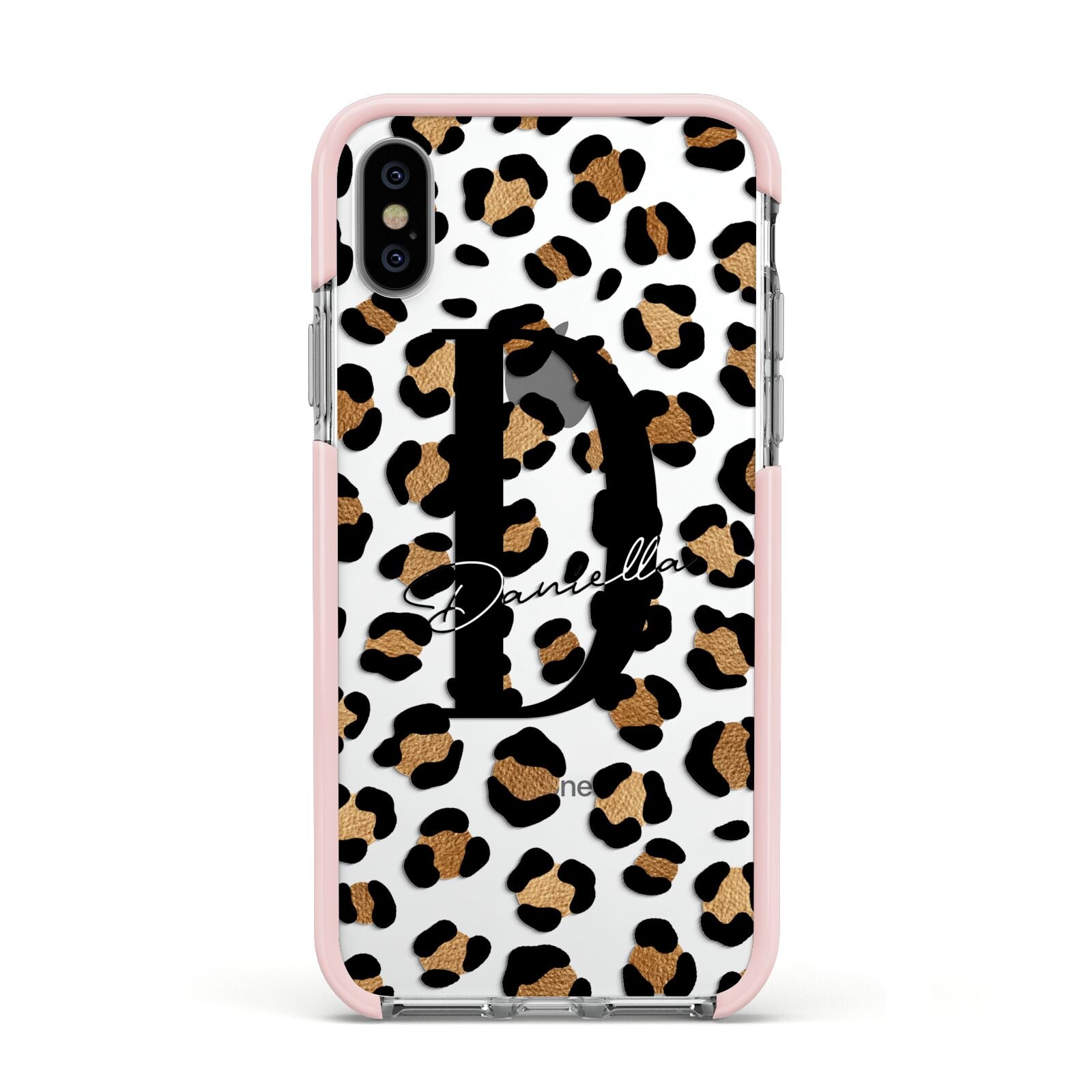 Personalised Leopard Print Apple iPhone Xs Impact Case Pink Edge on Silver Phone