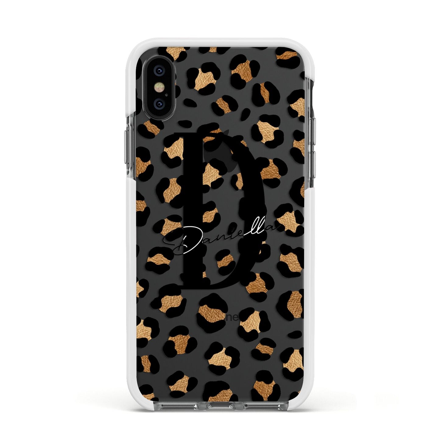 Personalised Leopard Print Apple iPhone Xs Impact Case White Edge on Black Phone