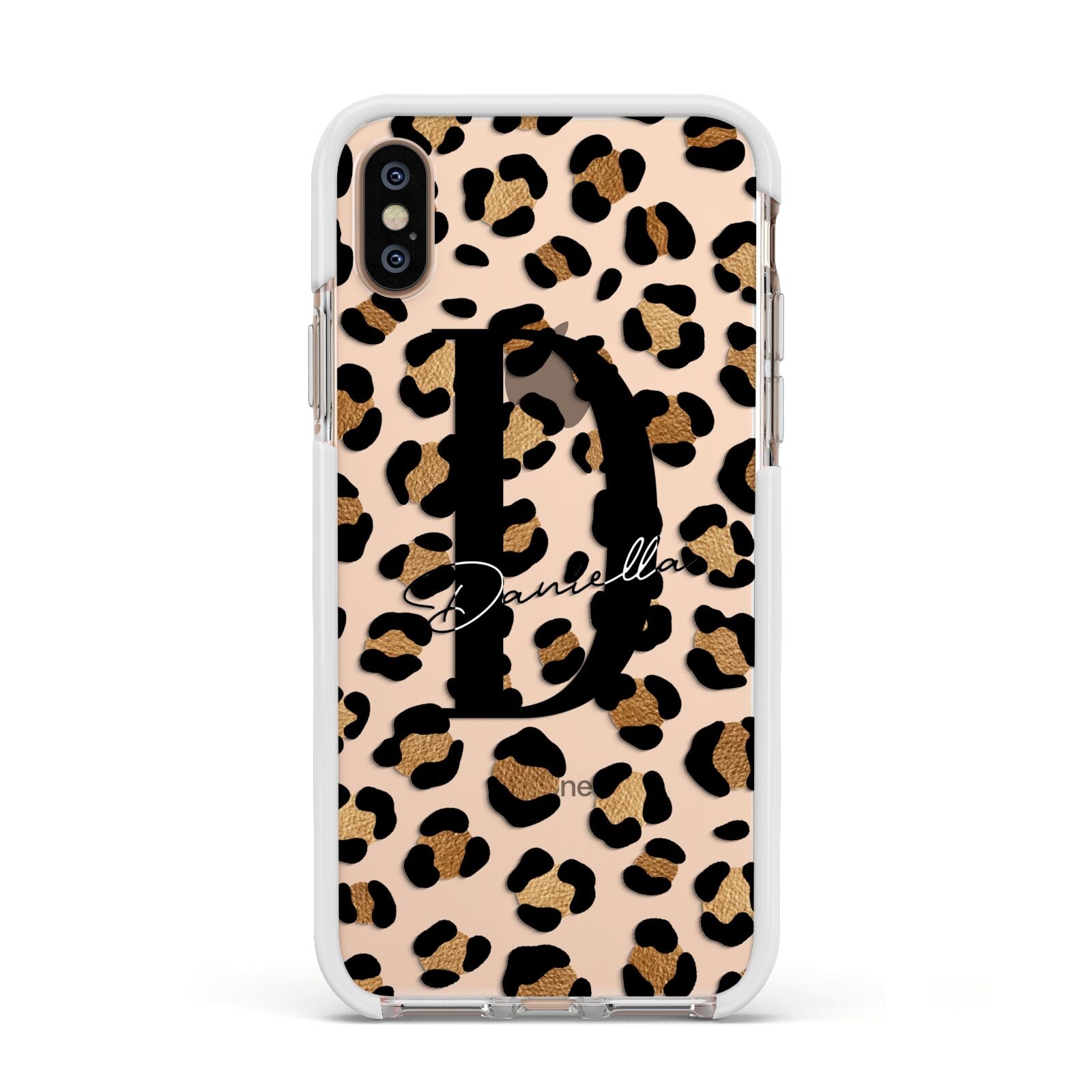Personalised Leopard Print Apple iPhone Xs Impact Case White Edge on Gold Phone