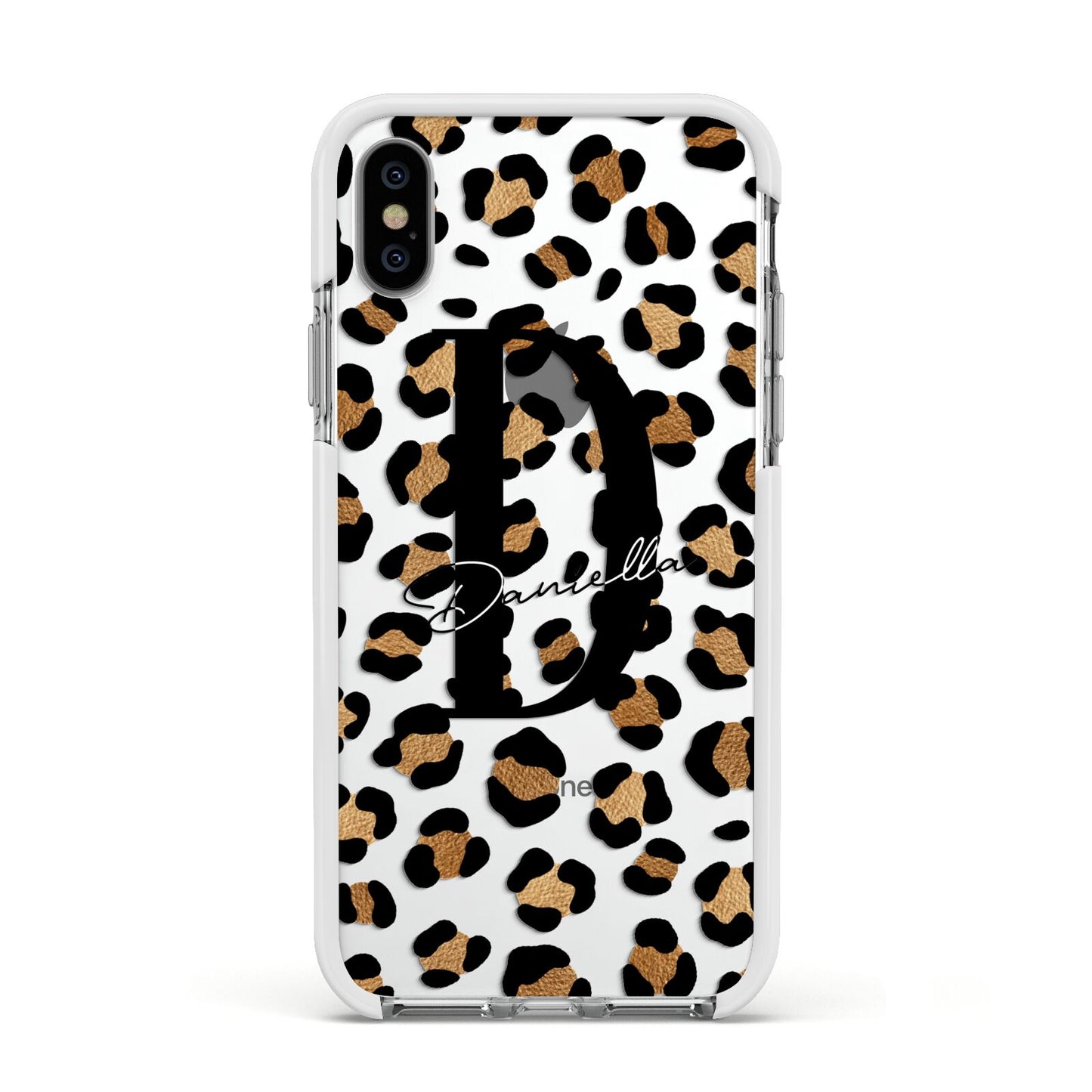 Personalised Leopard Print Apple iPhone Xs Impact Case White Edge on Silver Phone