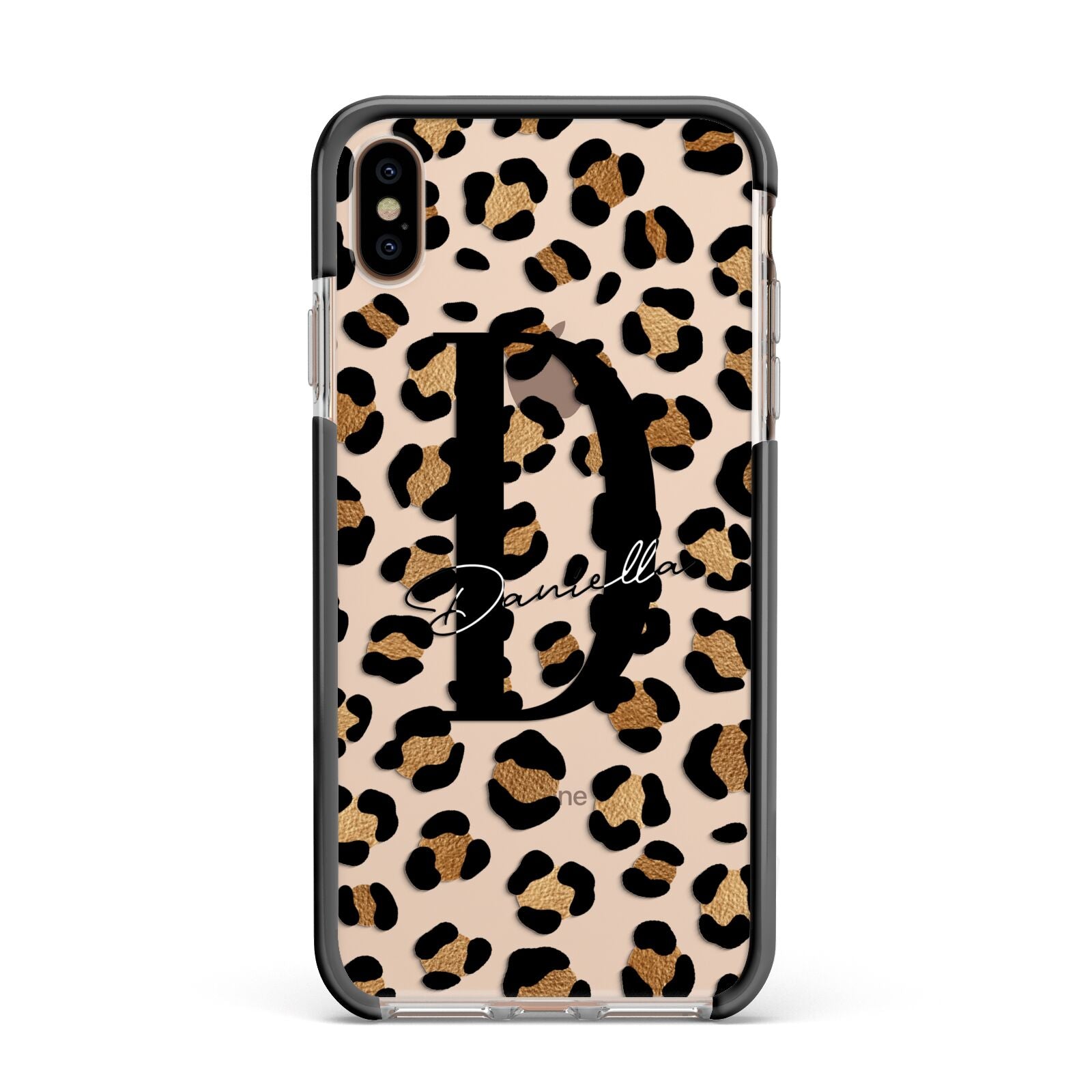 Personalised Leopard Print Apple iPhone Xs Max Impact Case Black Edge on Gold Phone