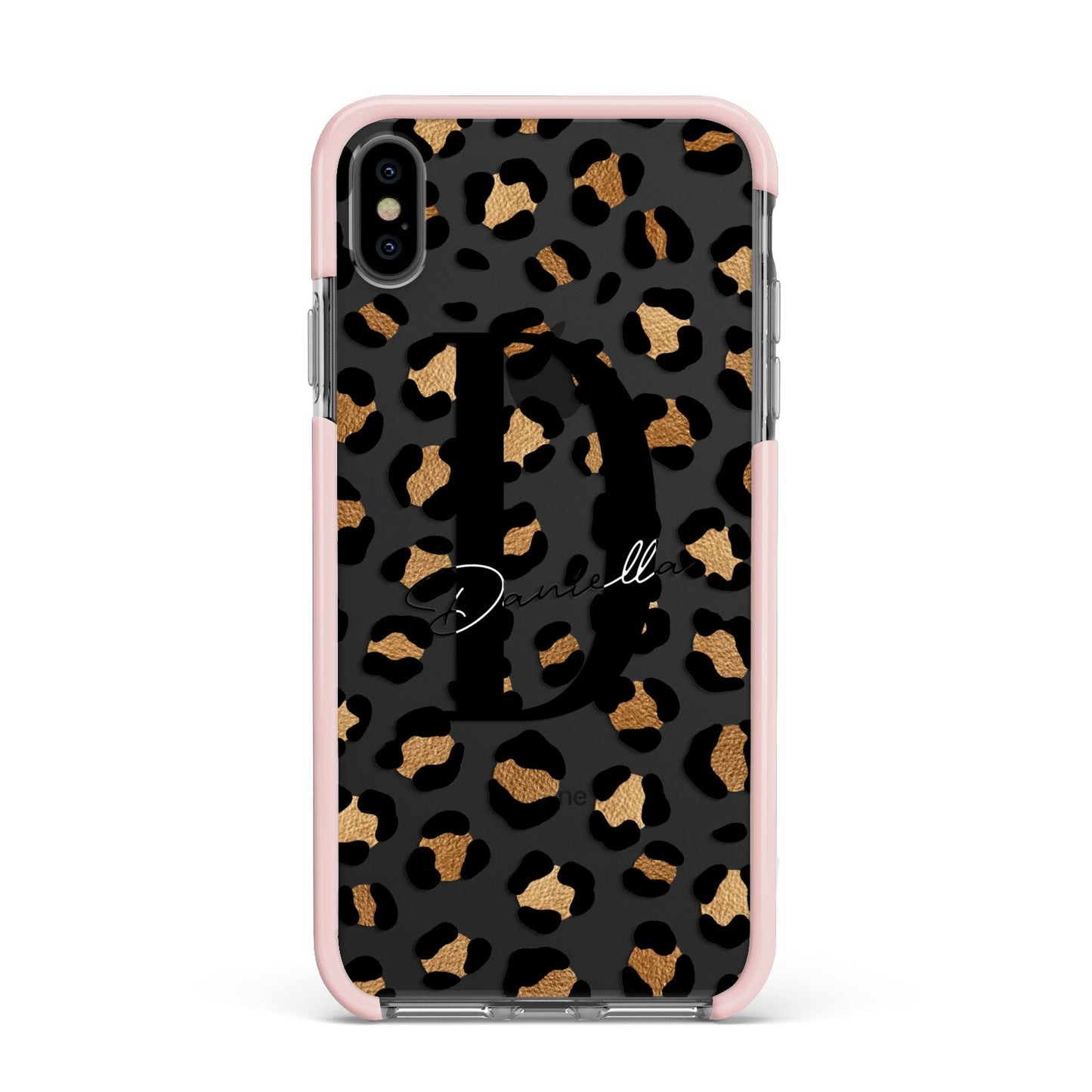 Personalised Leopard Print Apple iPhone Xs Max Impact Case Pink Edge on Black Phone