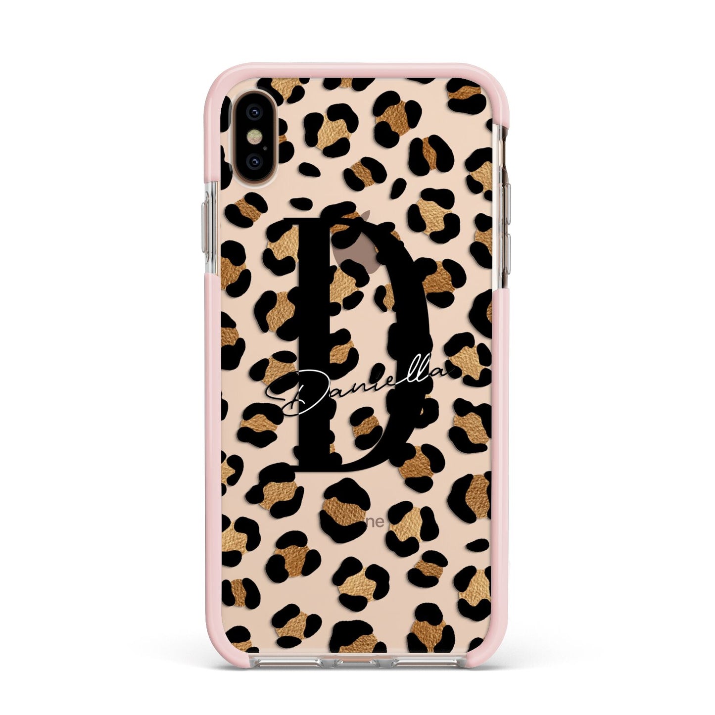 Personalised Leopard Print Apple iPhone Xs Max Impact Case Pink Edge on Gold Phone