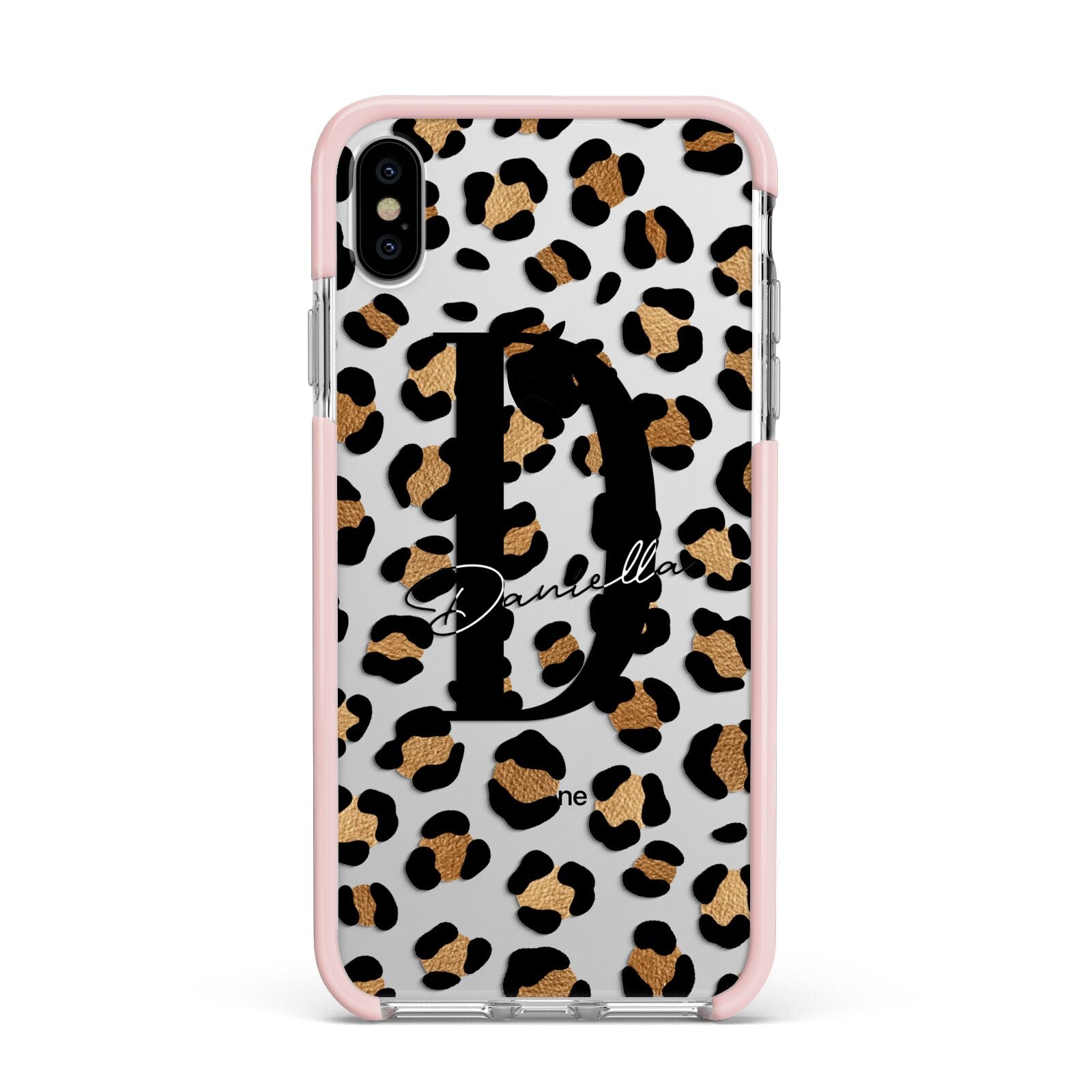 Personalised Leopard Print Apple iPhone Xs Max Impact Case Pink Edge on Silver Phone