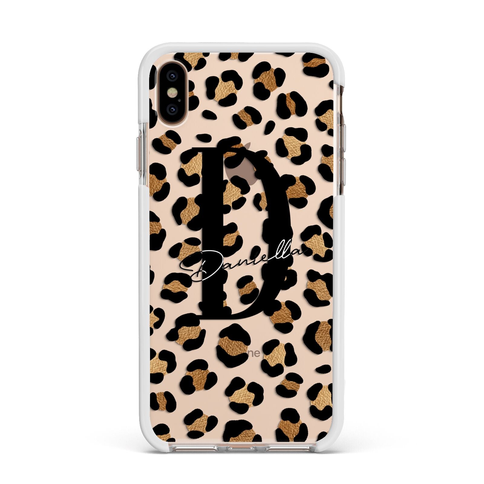 Personalised Leopard Print Apple iPhone Xs Max Impact Case White Edge on Gold Phone