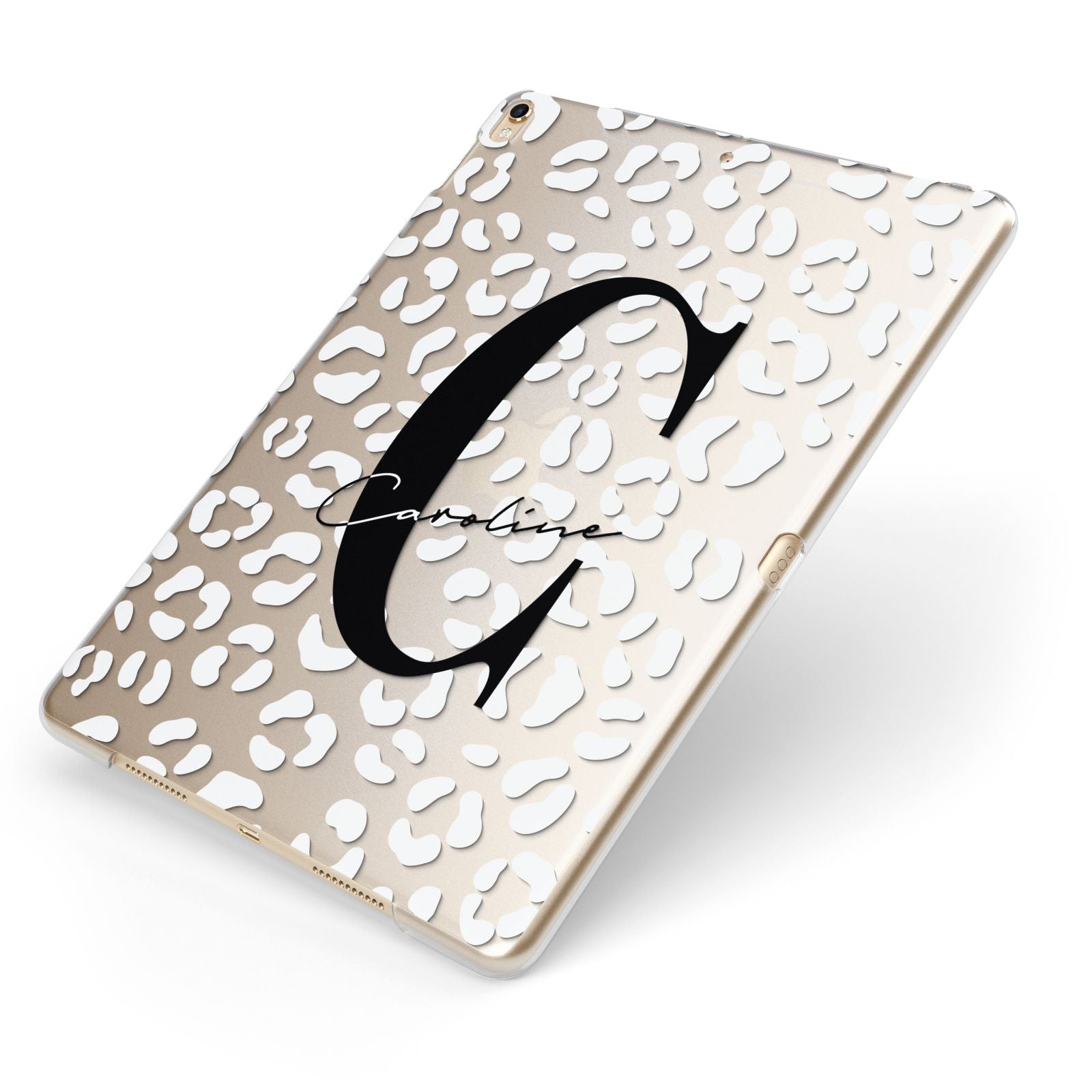 Personalised Leopard Print Clear Apple iPad Case on Gold iPad Side View