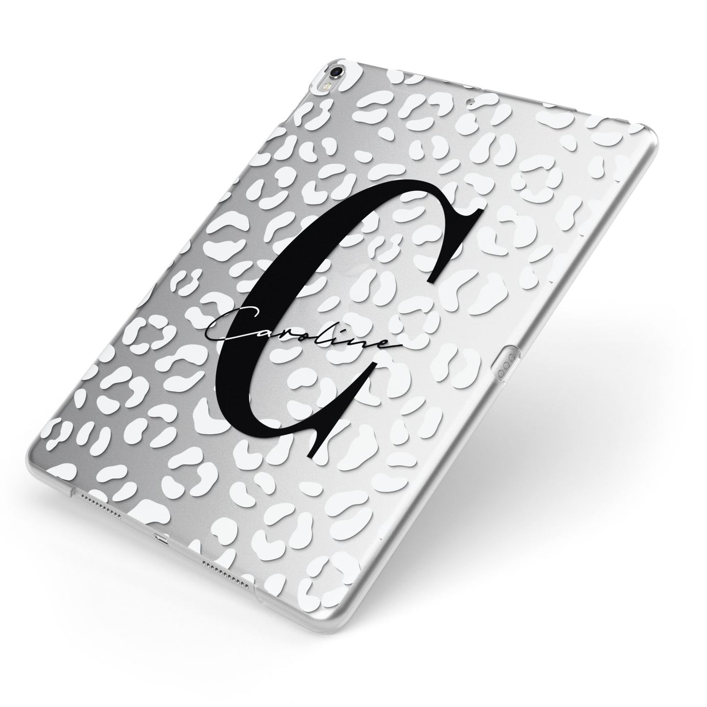 Personalised Leopard Print Clear Apple iPad Case on Silver iPad Side View
