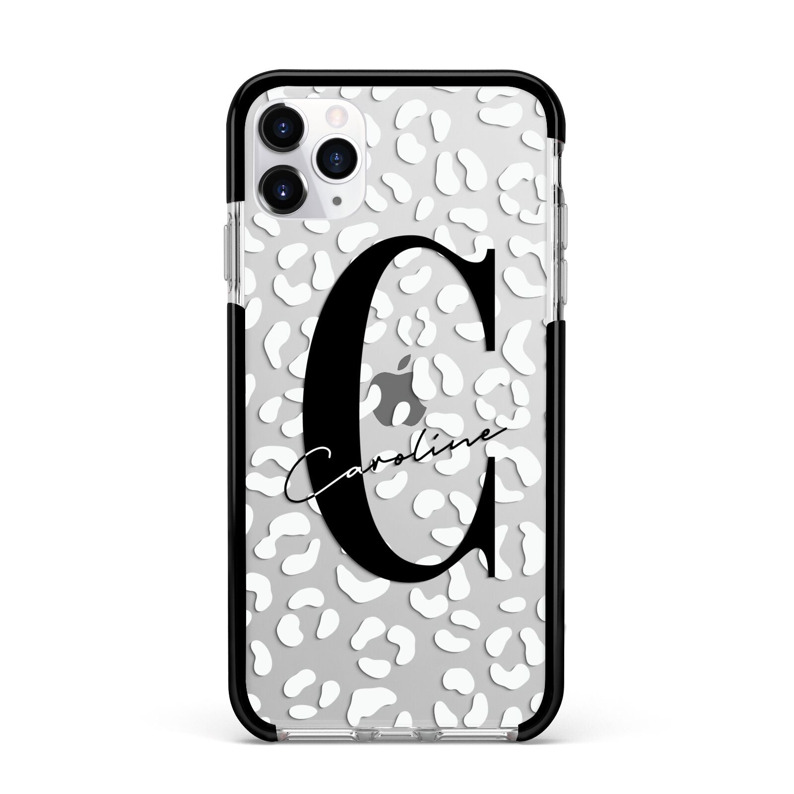 Personalised Leopard Print Clear Apple iPhone 11 Pro Max in Silver with Black Impact Case