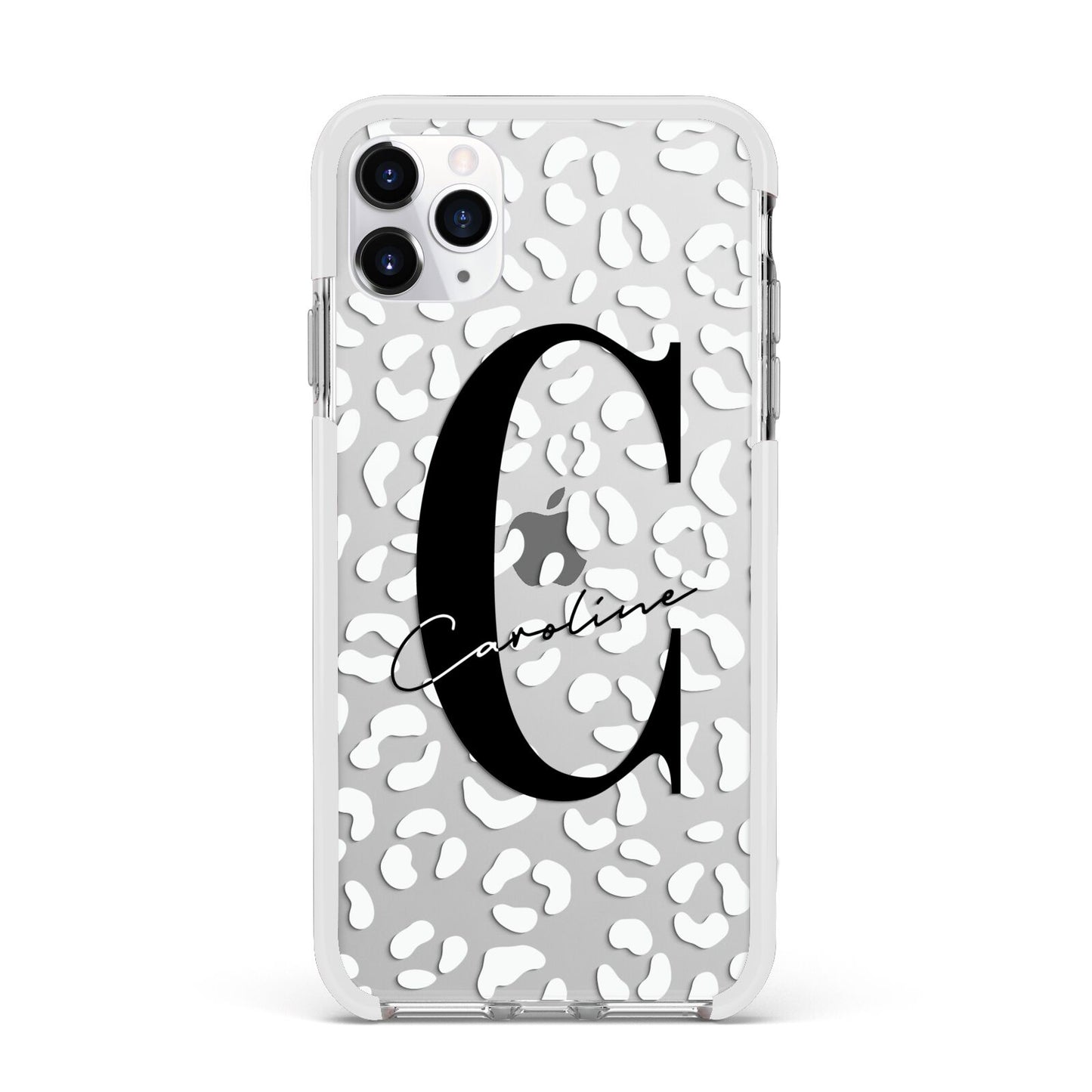 Personalised Leopard Print Clear Apple iPhone 11 Pro Max in Silver with White Impact Case