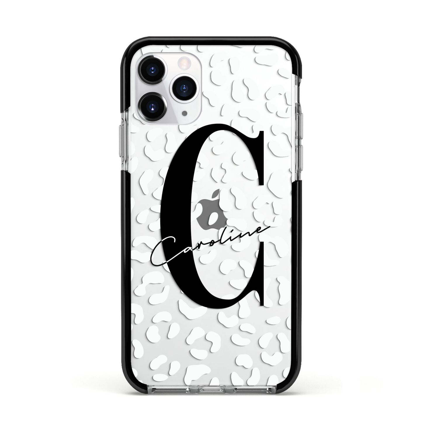 Personalised Leopard Print Clear Apple iPhone 11 Pro in Silver with Black Impact Case