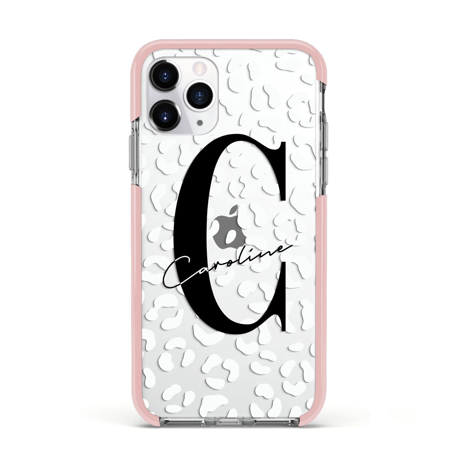 Personalised Leopard Print Clear Apple iPhone 11 Pro in Silver with Pink Impact Case
