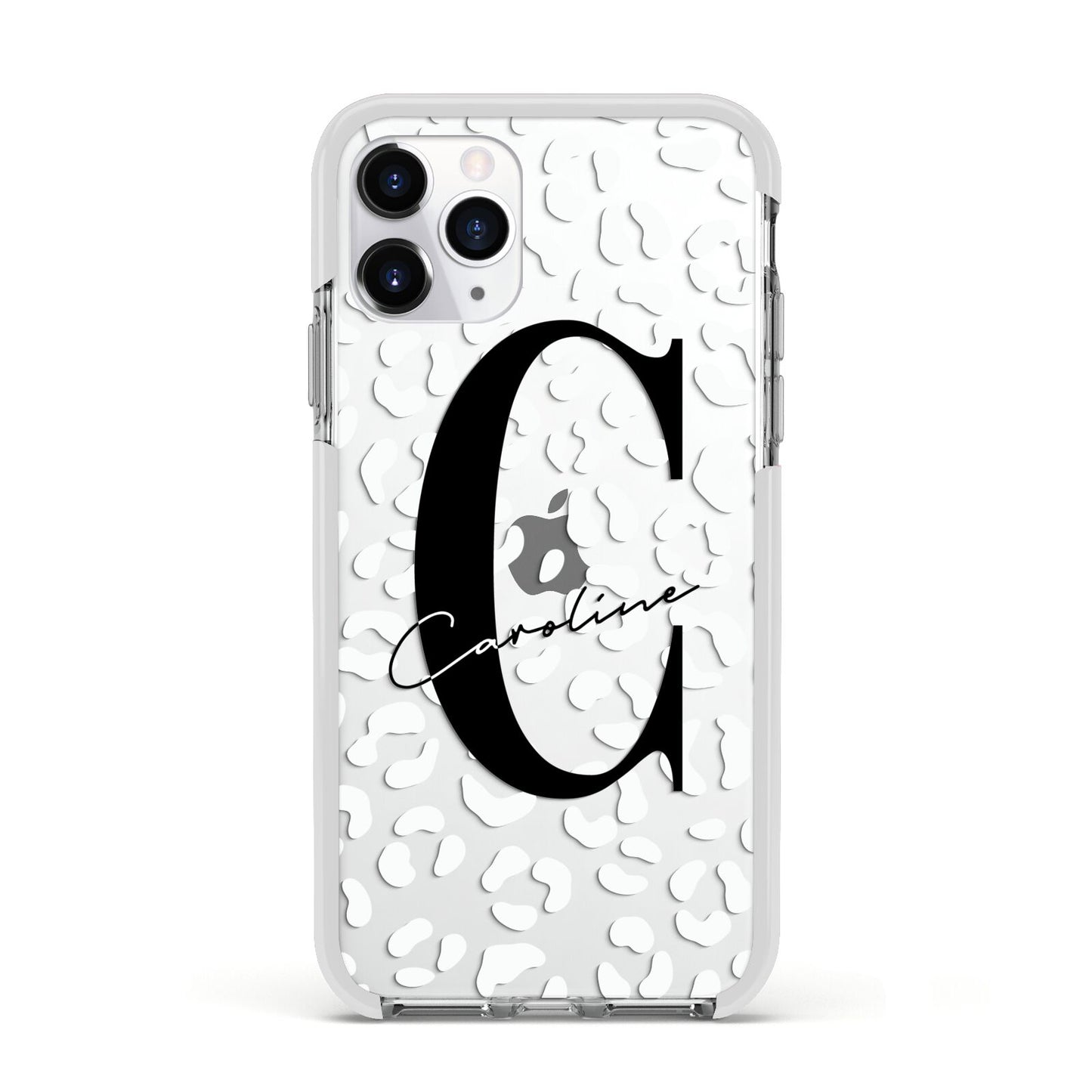 Personalised Leopard Print Clear Apple iPhone 11 Pro in Silver with White Impact Case