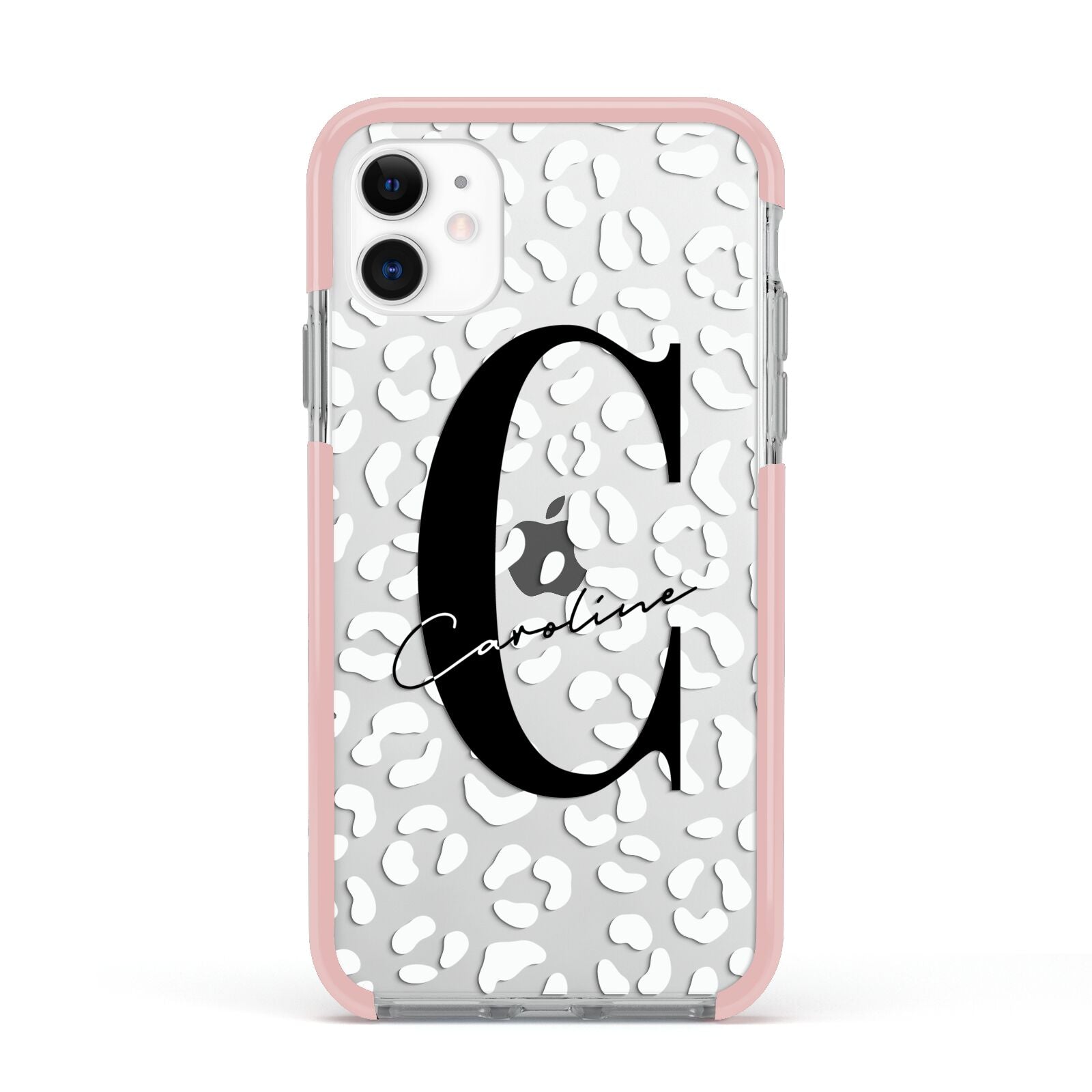 Personalised Leopard Print Clear Apple iPhone 11 in White with Pink Impact Case