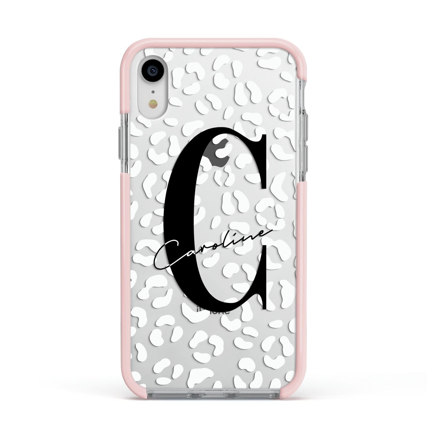 Personalised Leopard Print Clear Apple iPhone XR Impact Case Pink Edge on Silver Phone