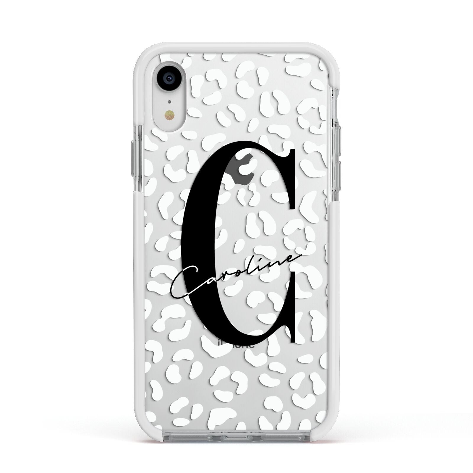 Personalised Leopard Print Clear Apple iPhone XR Impact Case White Edge on Silver Phone