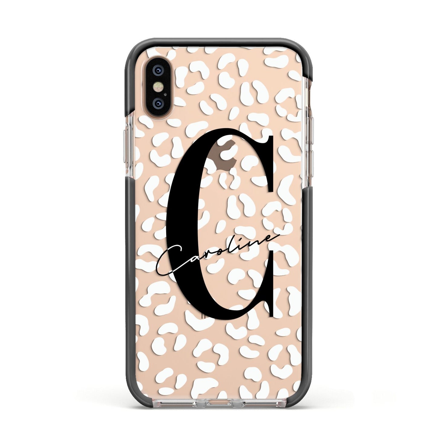 Personalised Leopard Print Clear Apple iPhone Xs Impact Case Black Edge on Gold Phone