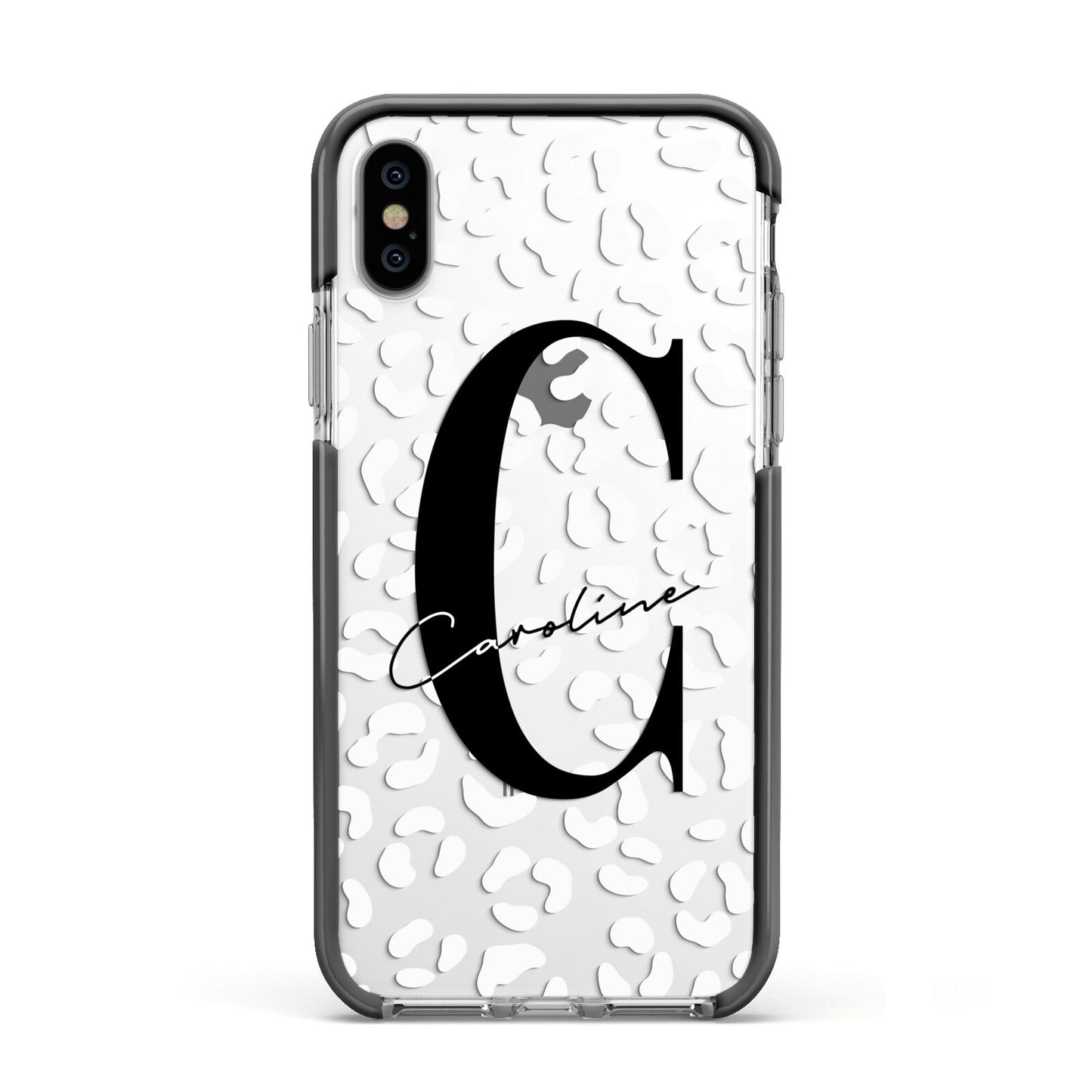 Personalised Leopard Print Clear Apple iPhone Xs Impact Case Black Edge on Silver Phone