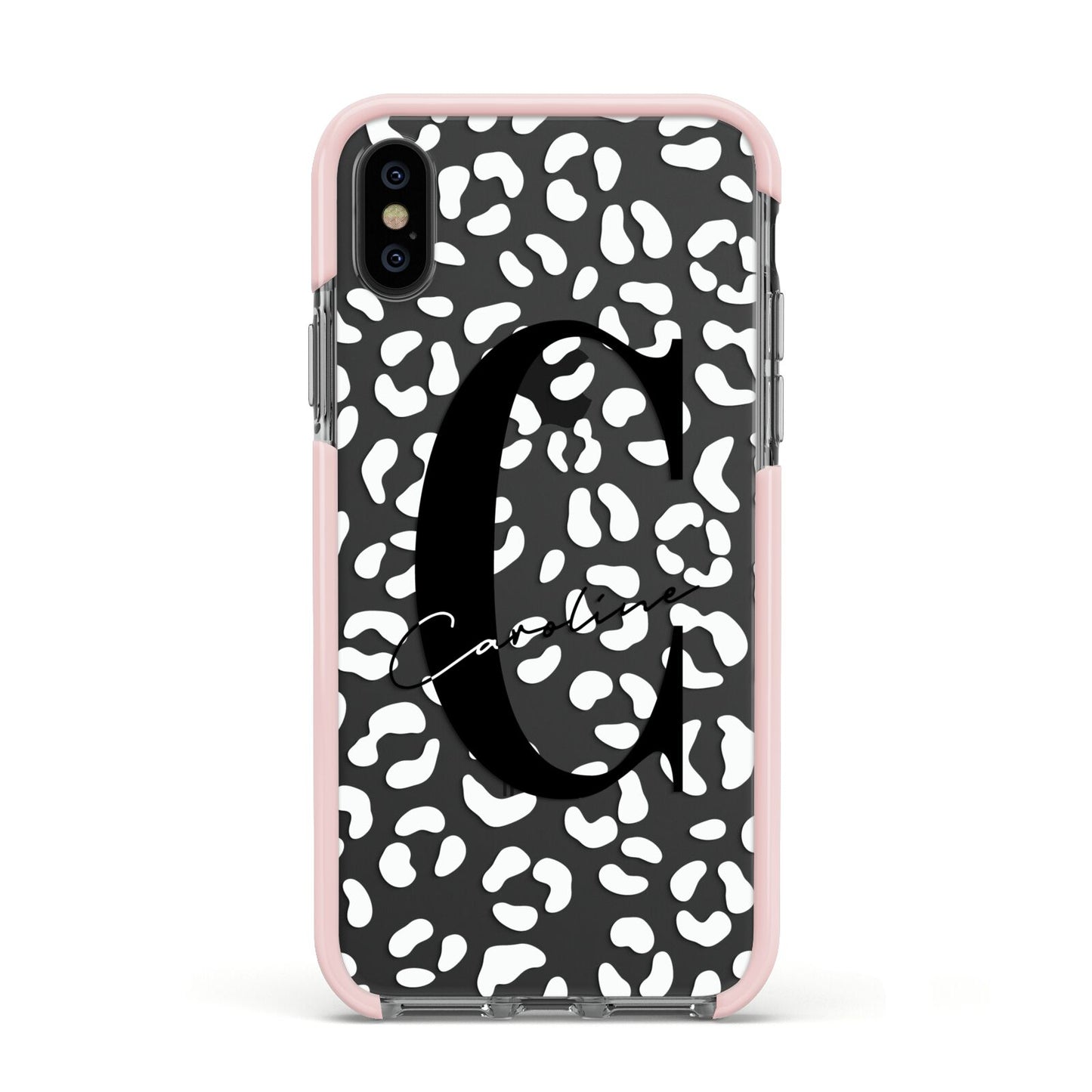 Personalised Leopard Print Clear Apple iPhone Xs Impact Case Pink Edge on Black Phone