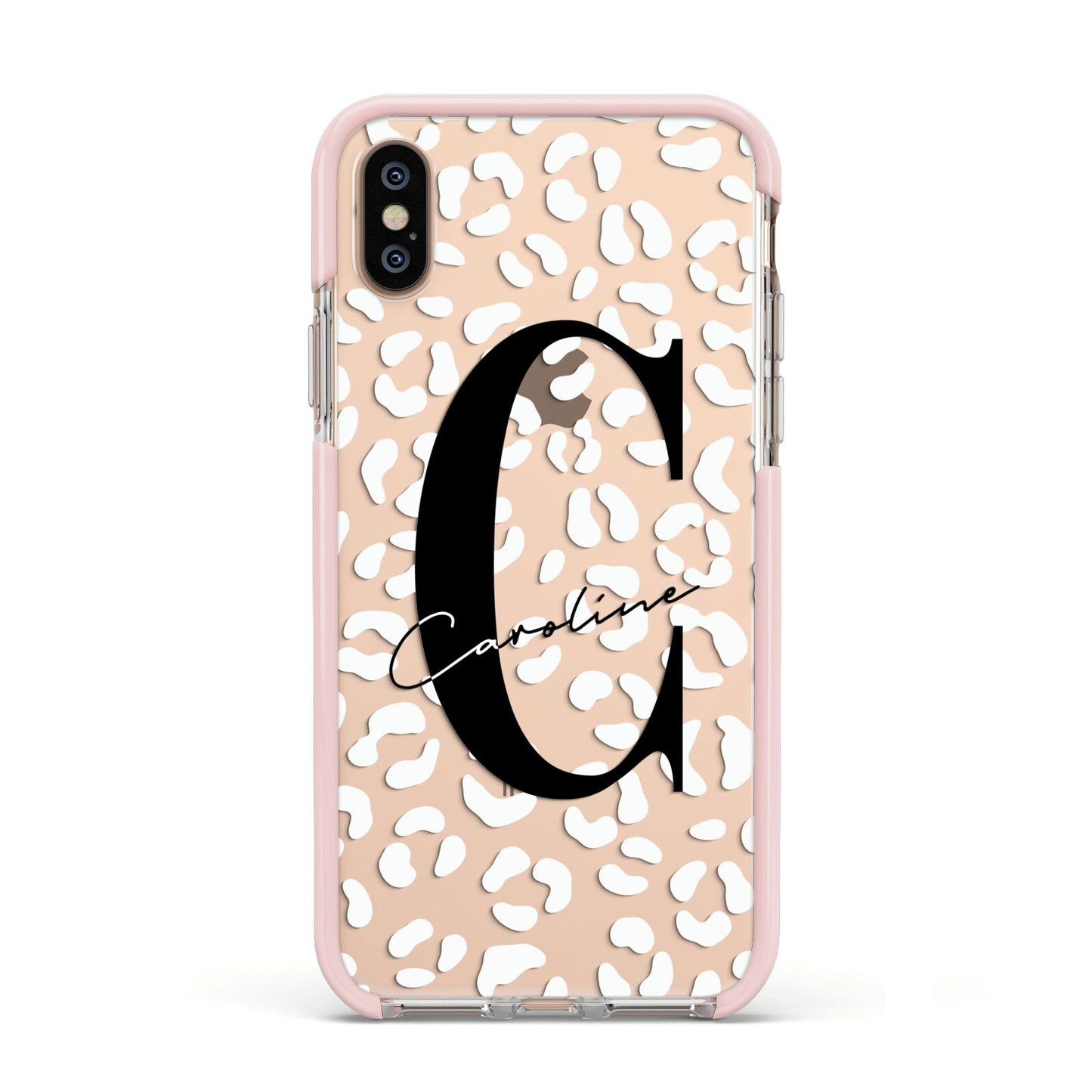 Personalised Leopard Print Clear Apple iPhone Xs Impact Case Pink Edge on Gold Phone