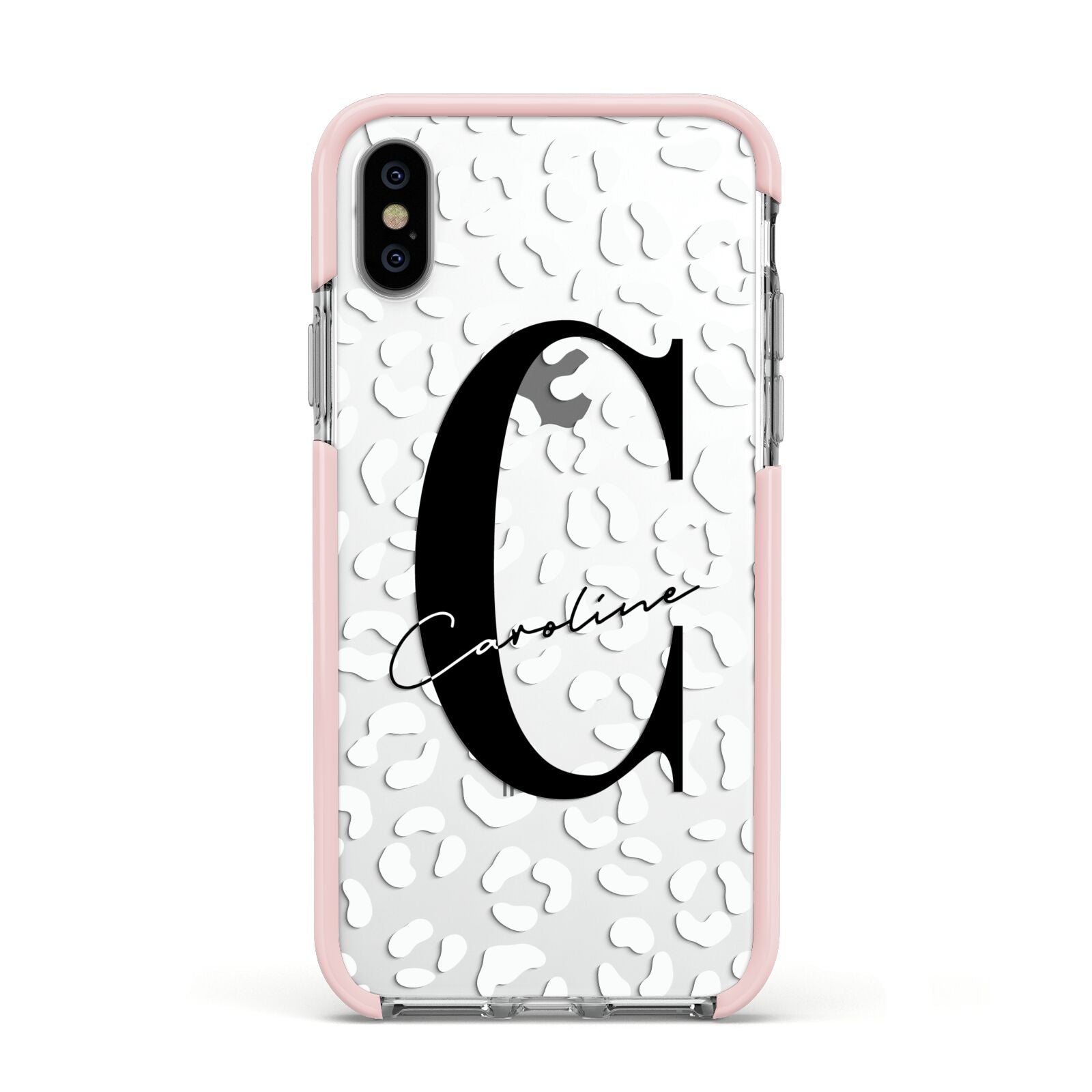 Personalised Leopard Print Clear Apple iPhone Xs Impact Case Pink Edge on Silver Phone