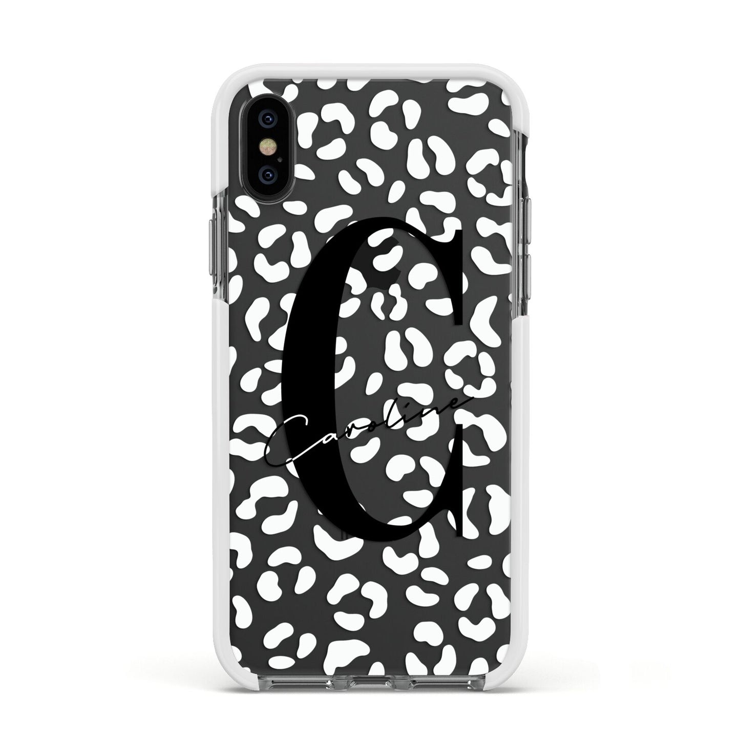 Personalised Leopard Print Clear Apple iPhone Xs Impact Case White Edge on Black Phone