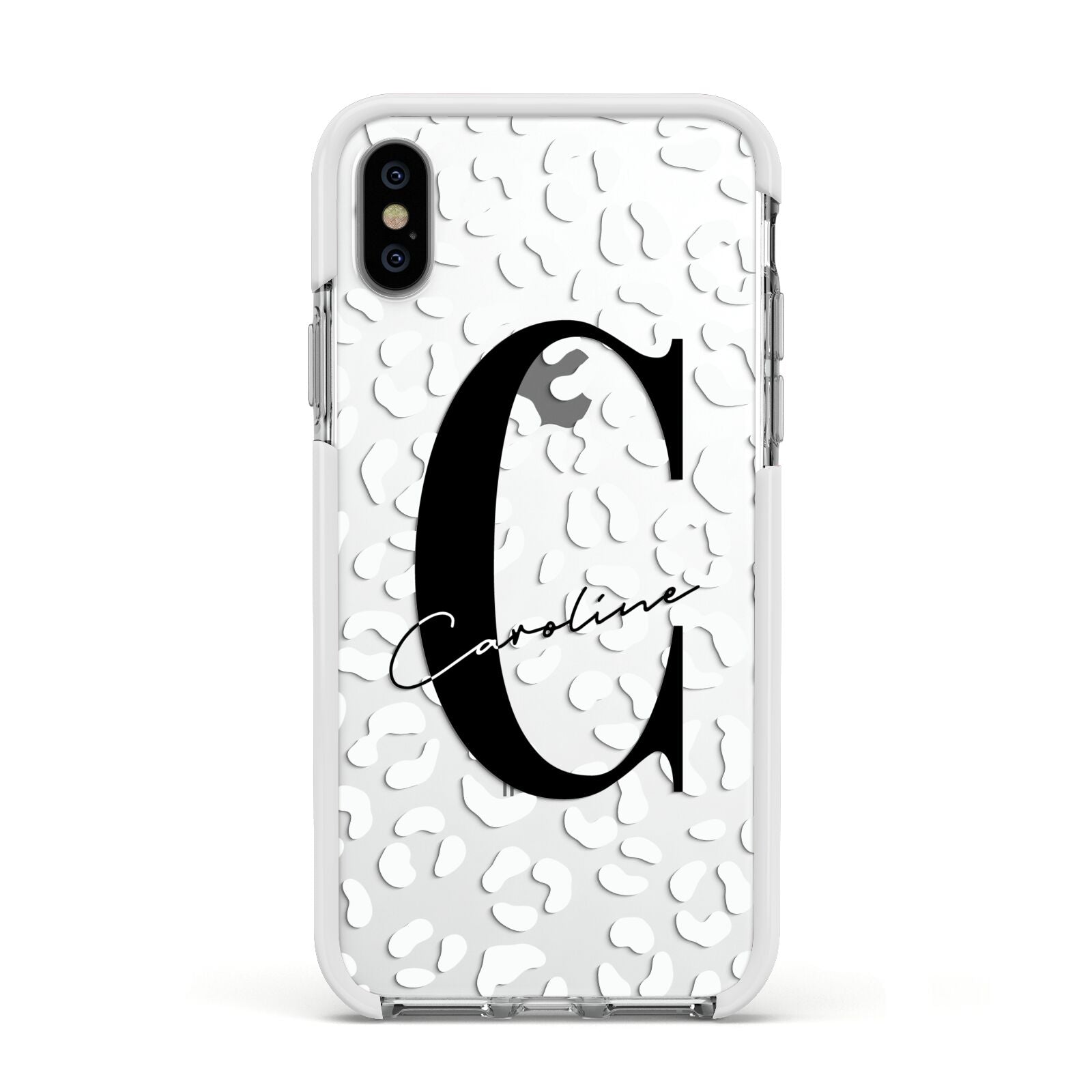 Personalised Leopard Print Clear Apple iPhone Xs Impact Case White Edge on Silver Phone