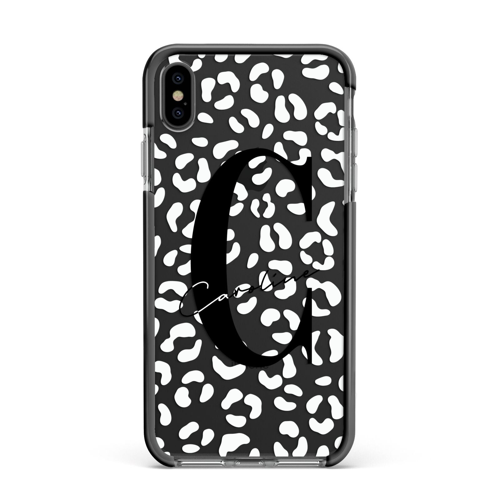 Personalised Leopard Print Clear Apple iPhone Xs Max Impact Case Black Edge on Black Phone