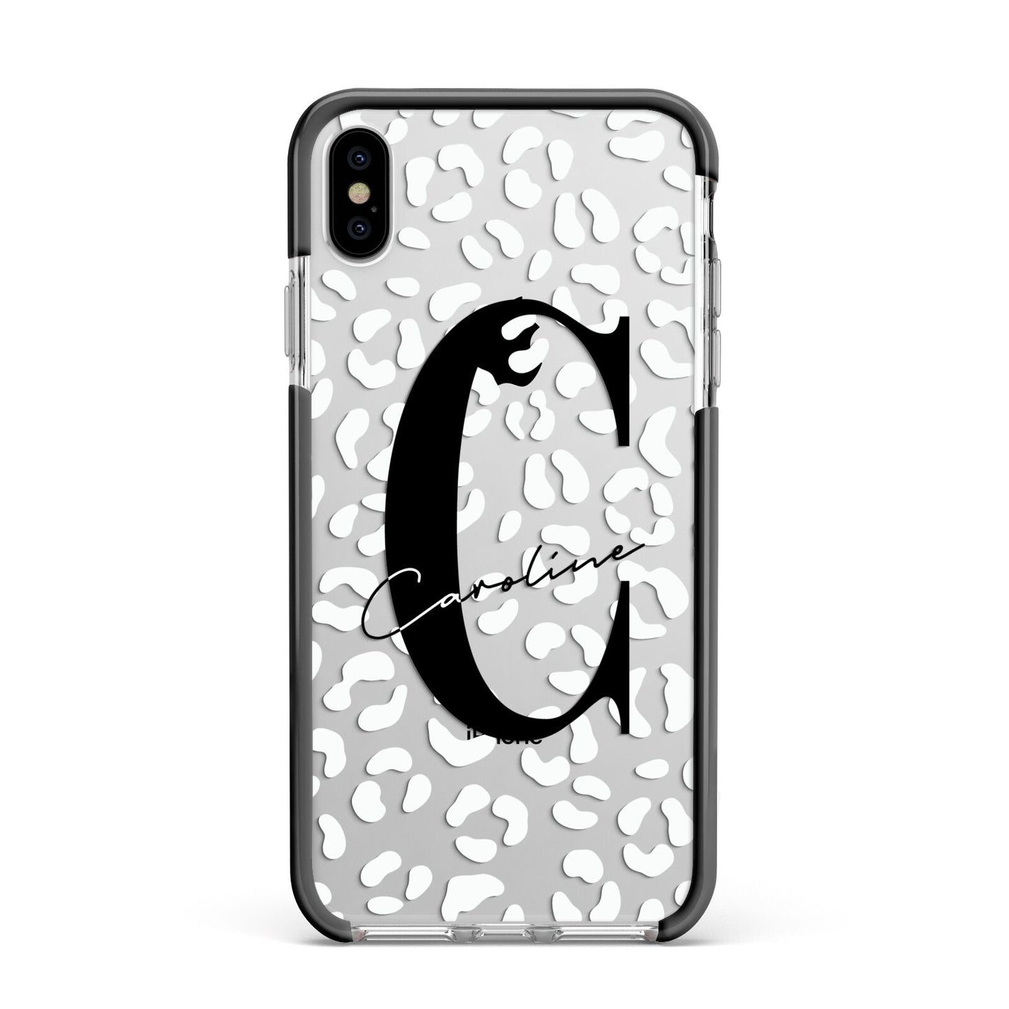 Personalised Leopard Print Clear Apple iPhone Xs Max Impact Case Black Edge on Silver Phone