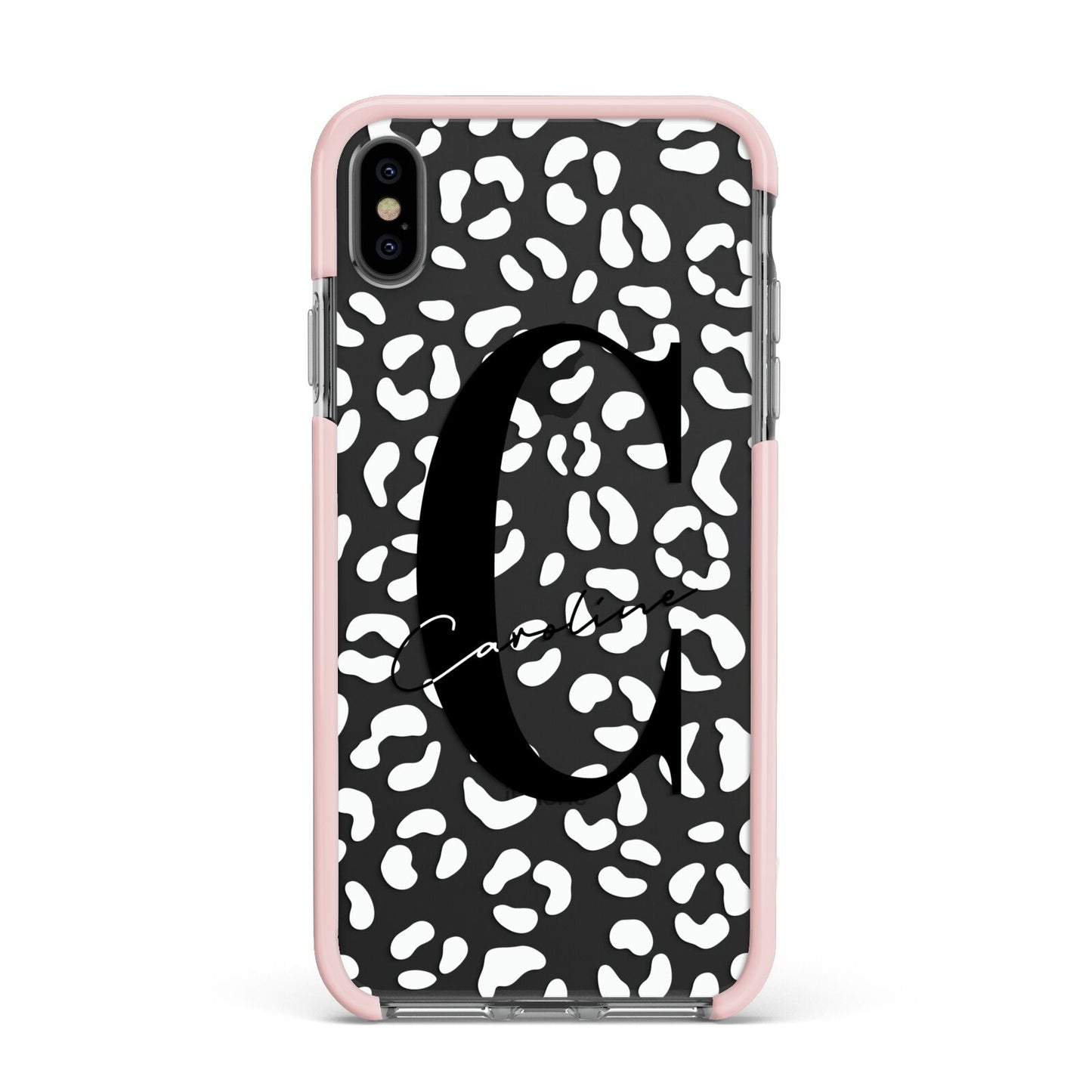 Personalised Leopard Print Clear Apple iPhone Xs Max Impact Case Pink Edge on Black Phone