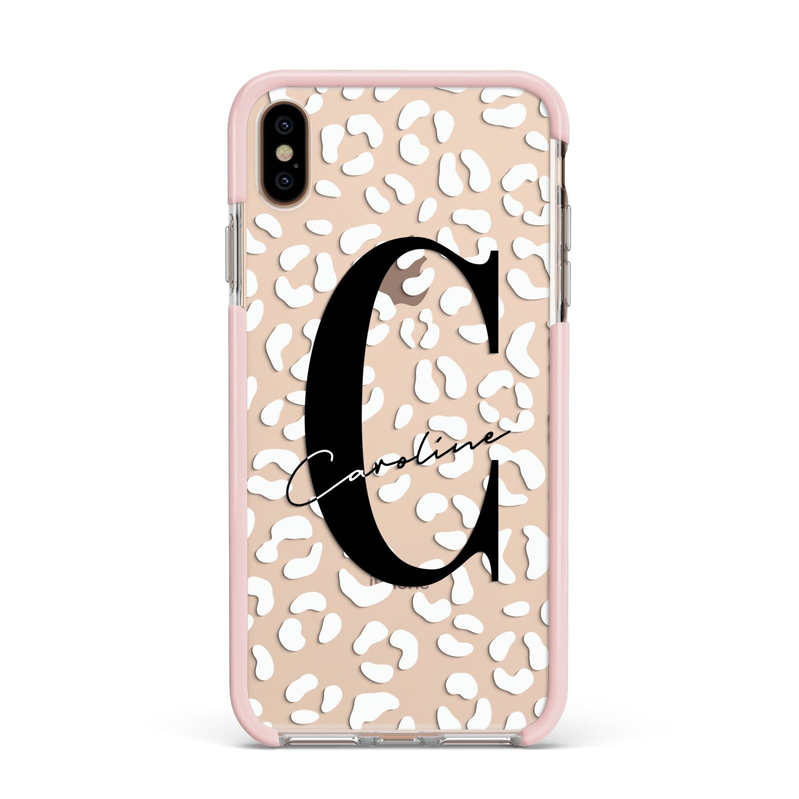 Personalised Leopard Print Clear Apple iPhone Xs Max Impact Case Pink Edge on Gold Phone