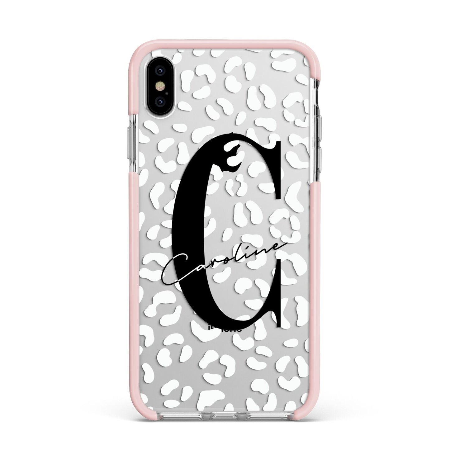 Personalised Leopard Print Clear Apple iPhone Xs Max Impact Case Pink Edge on Silver Phone