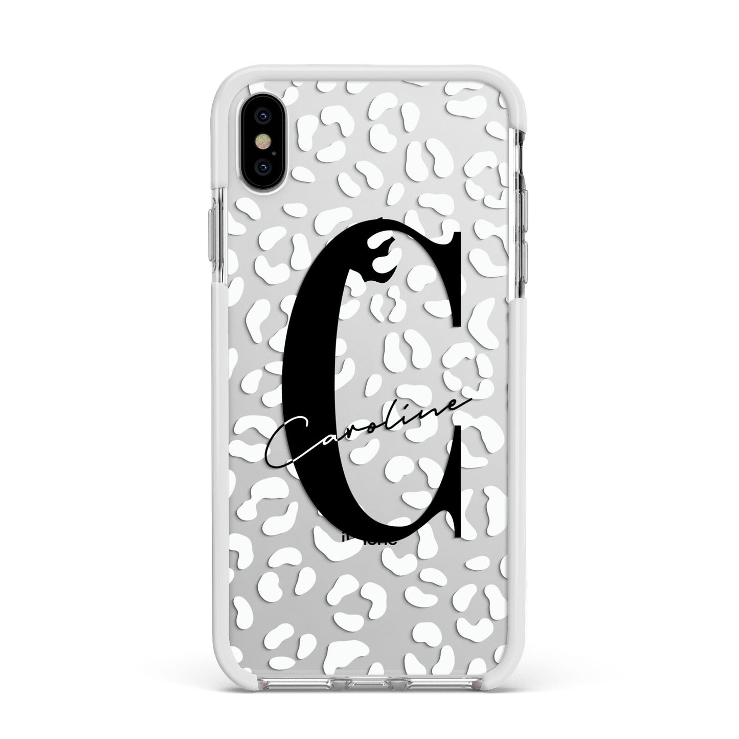 Personalised Leopard Print Clear Apple iPhone Xs Max Impact Case White Edge on Silver Phone