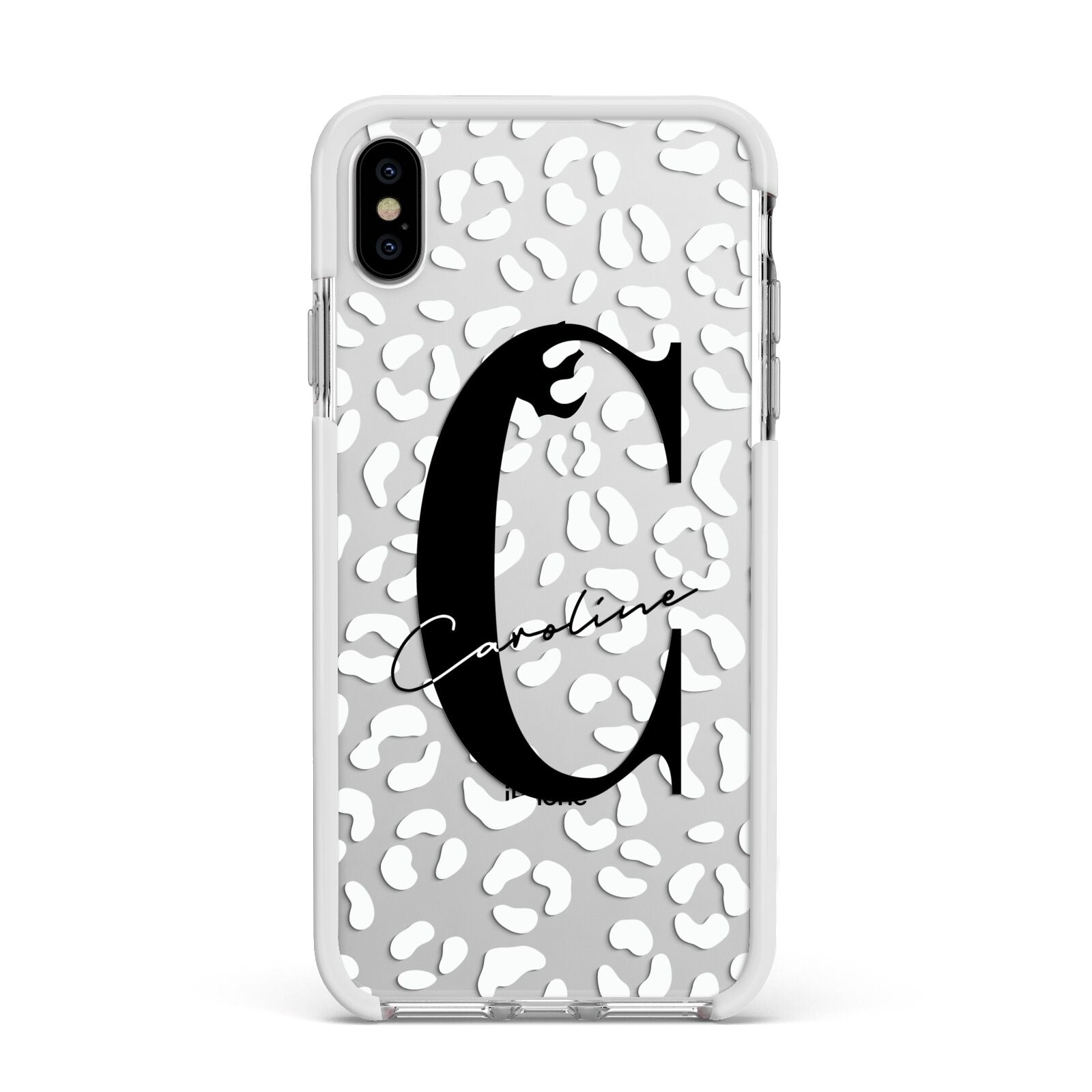 Personalised Leopard Print Clear Apple iPhone Xs Max Impact Case White Edge on Silver Phone