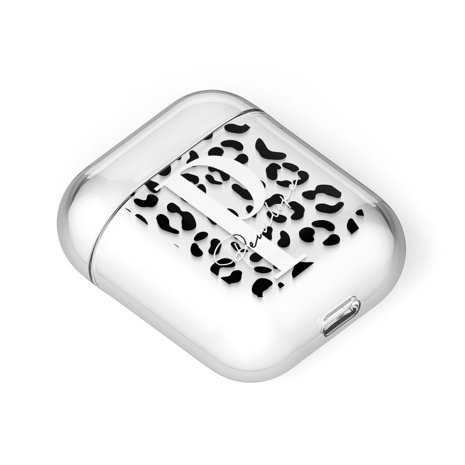 Personalised Leopard Print Clear Black AirPods Case Laid Flat
