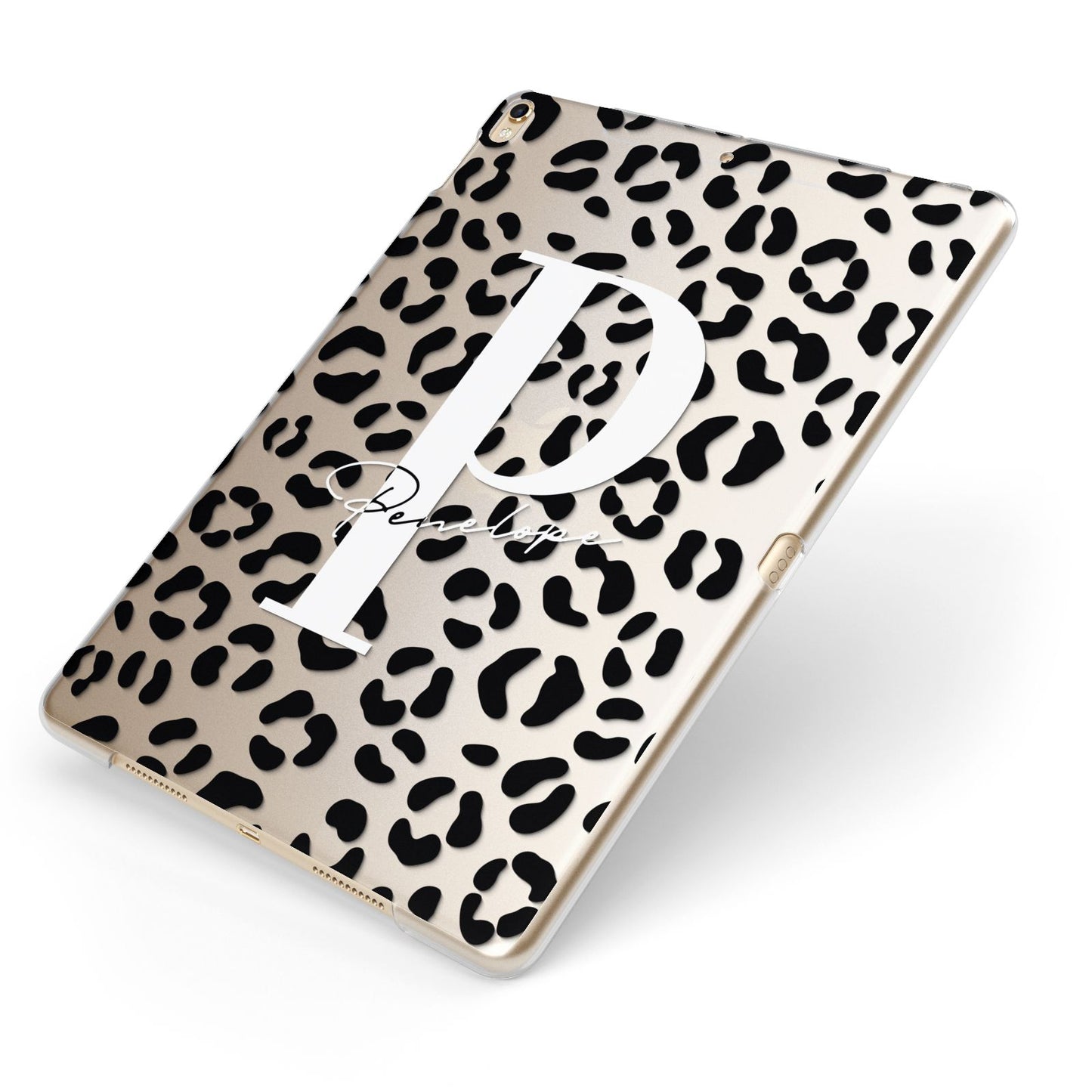 Personalised Leopard Print Clear Black Apple iPad Case on Gold iPad Side View