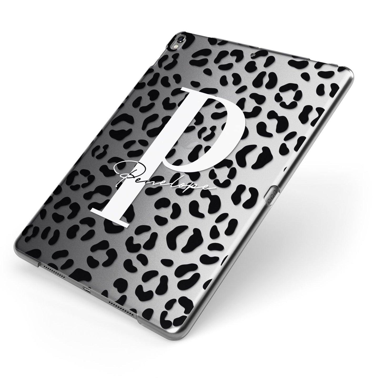 Personalised Leopard Print Clear Black Apple iPad Case on Grey iPad Side View