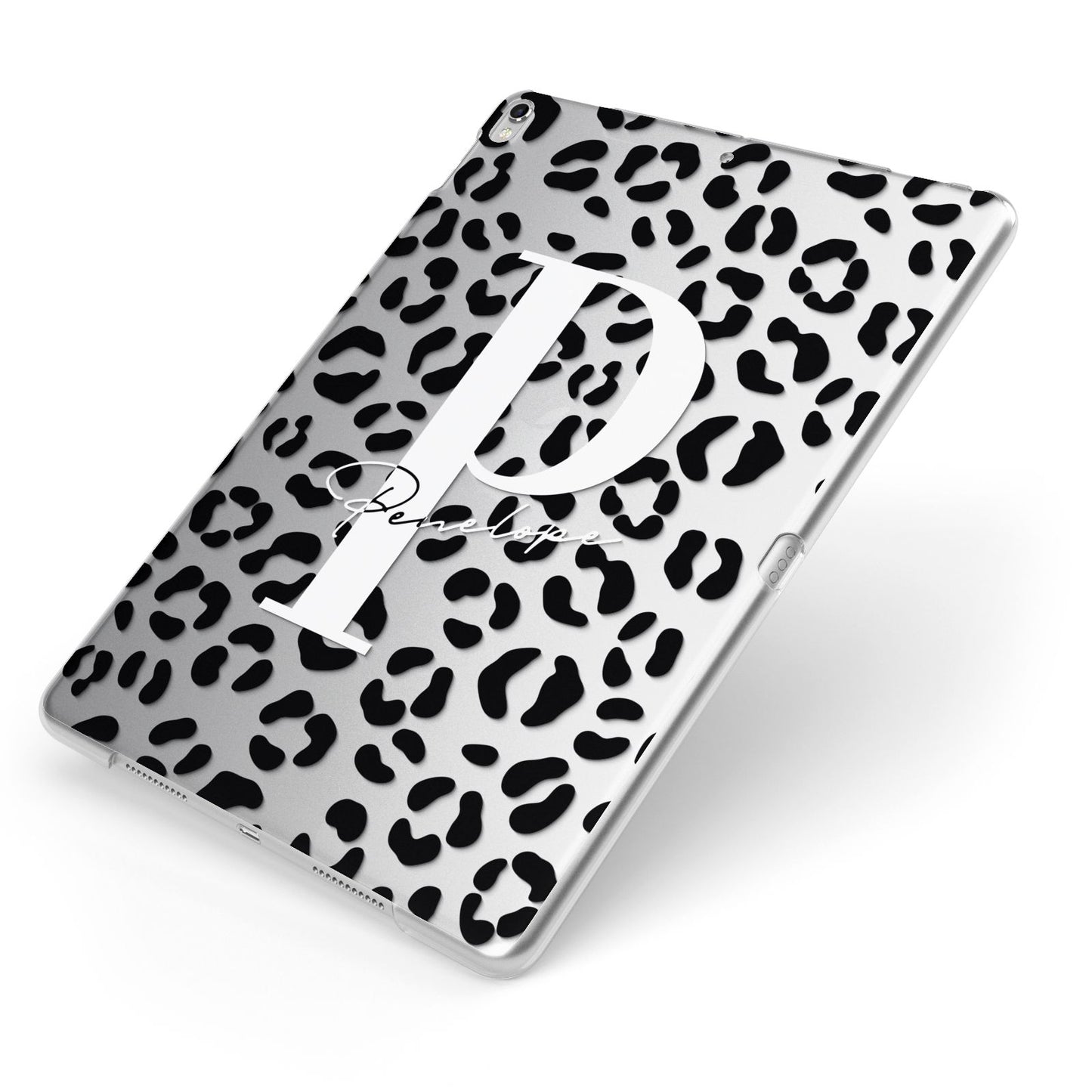 Personalised Leopard Print Clear Black Apple iPad Case on Silver iPad Side View