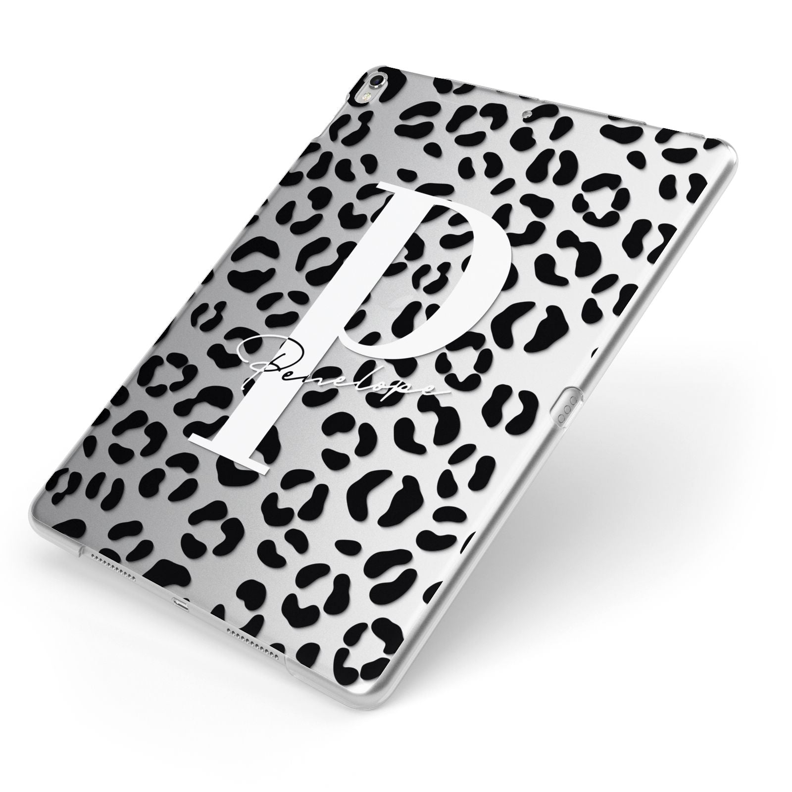 Personalised Leopard Print Clear Black Apple iPad Case on Silver iPad Side View
