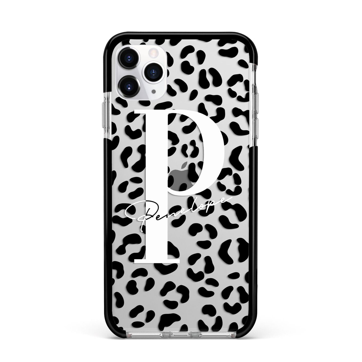 Personalised Leopard Print Clear Black Apple iPhone 11 Pro Max in Silver with Black Impact Case