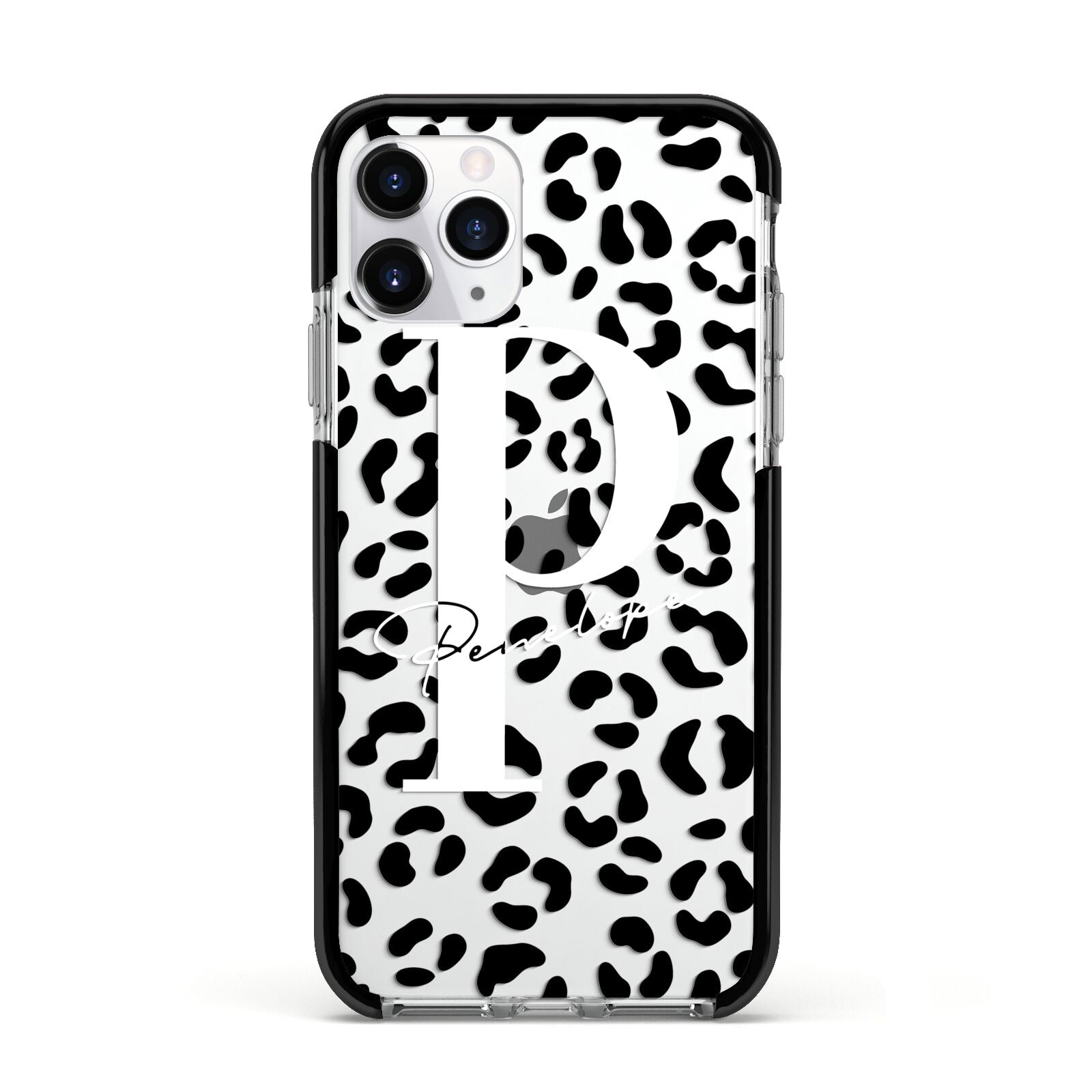 Personalised Leopard Print Clear Black Apple iPhone 11 Pro in Silver with Black Impact Case